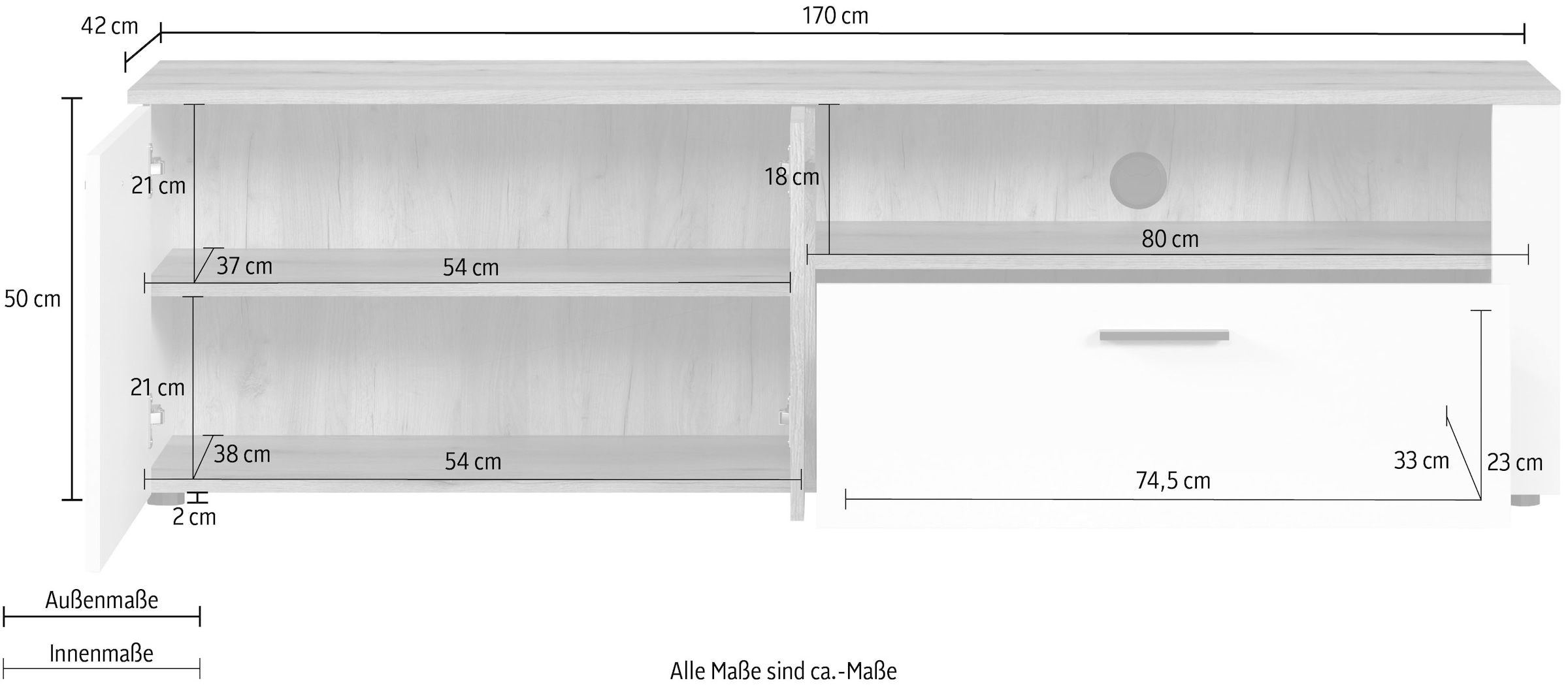 INOSIGN TV-Schrank »Linz«, (1 St.), Lowboard in Weiss/Eiche mit Hirnholzapplikationen - 170/42/50 cm