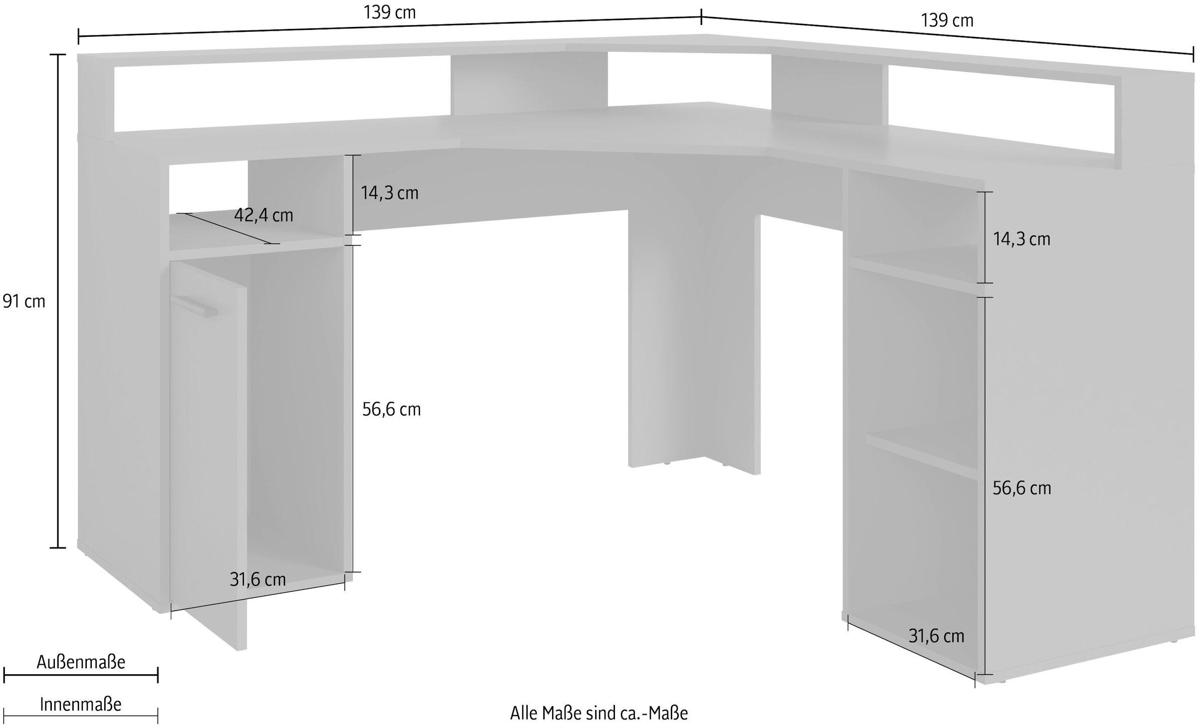 byLIVING Gamingtisch »Fox«, Breite 139 cm, moderner Eck-Schreibtisch