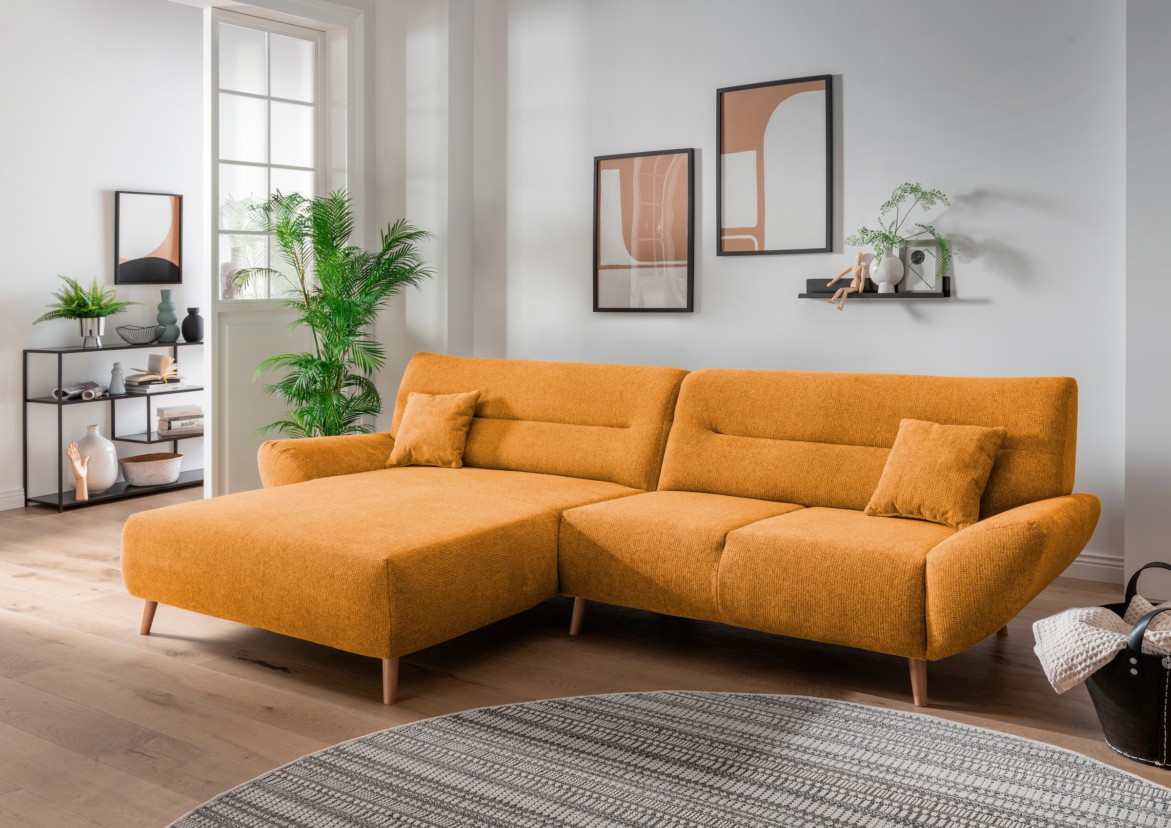 Home affaire Canapé d'angle »Drago, elegant und zeitlos, komfortabel, Holzfuss, L-Form« frei im Raum stellbar, inkl. 2 Zierkissen