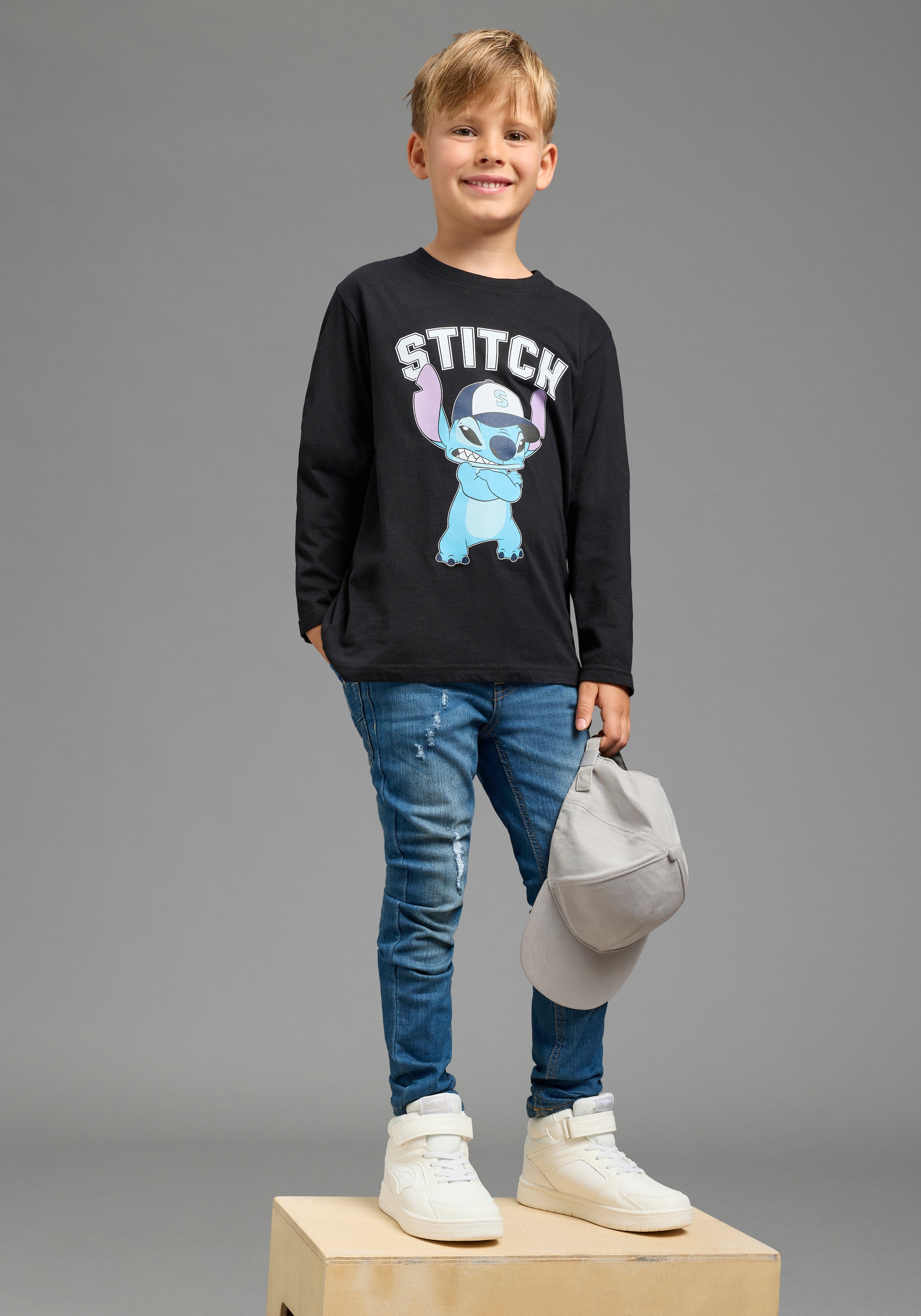KIDSWORLD T-shirt à manches longues »STITCH Shirt für Jungen, Disney« style tendance, coupe basique, avec encolure ronde