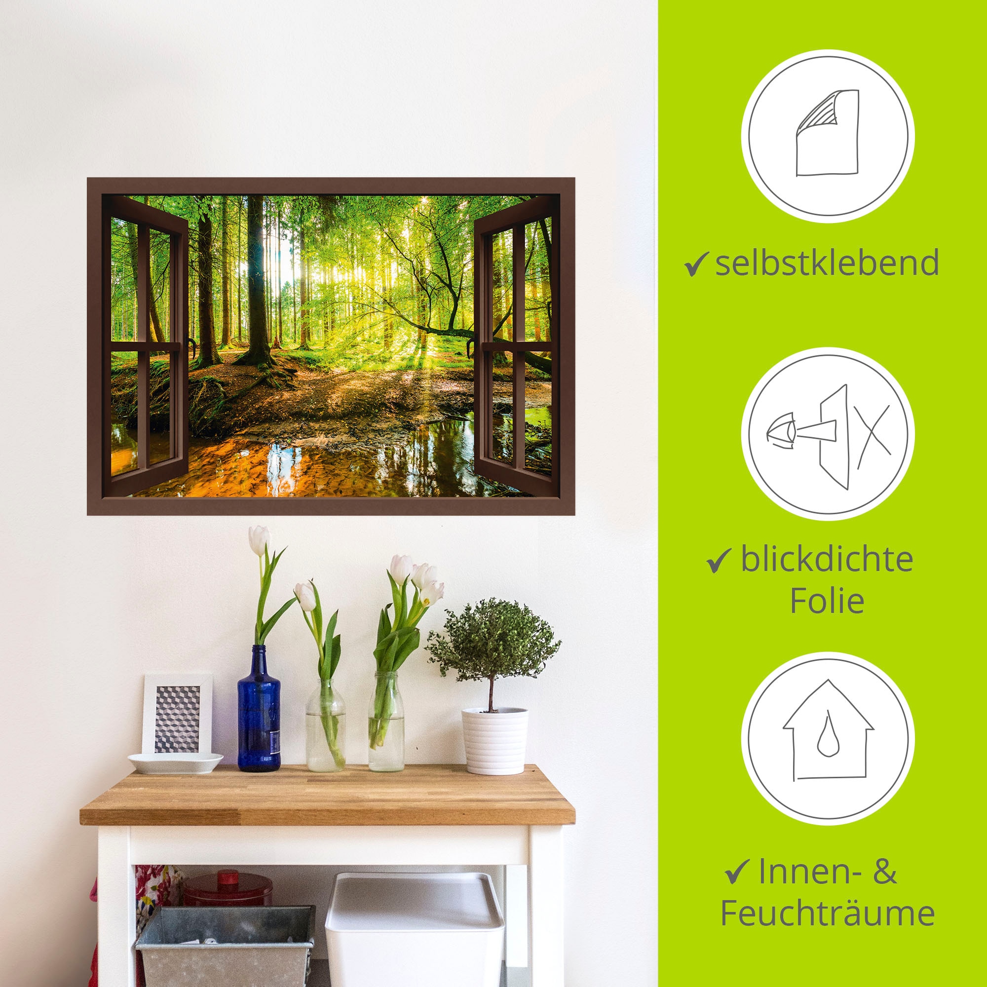 Artland Wandbild »Fensterblick - Wald mit Bach«, Wald, (1 St.), als Leinwandbild, Poster, Wandaufkleber in verschied. Grössen