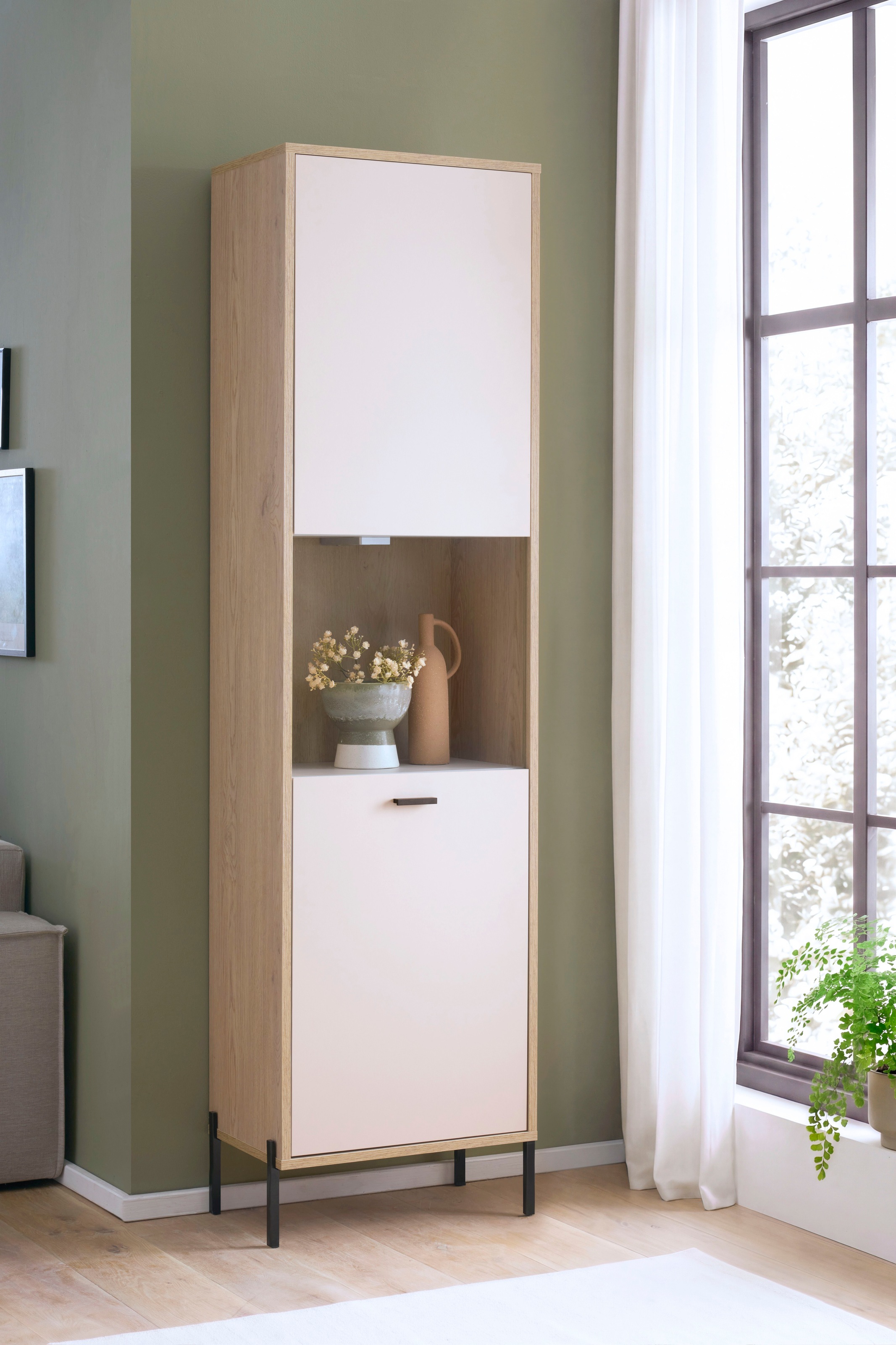 Home affaire Vitrine »Fredericia, moderner Hochschrank,Glasvitrine in Kaschmir, Standvitrine« zeitlos, schwarze Metallgriffe und -füsse, ausreichend Stauraum