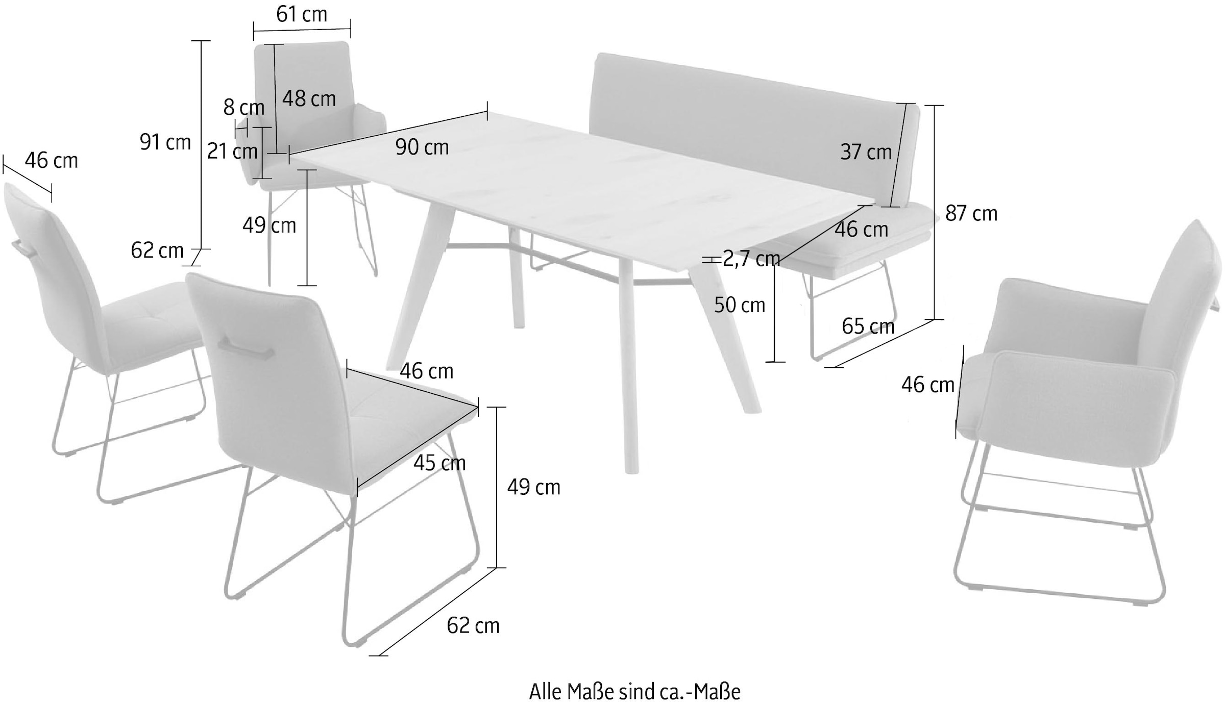 K+W Komfort & Wohnen Essgruppe »Giacomo IV« 6 Stk. tlg. Polsterbank in 2 Grössen, 2 Kufenstühle, 2 Armlehnenstühle und 1 Tisch