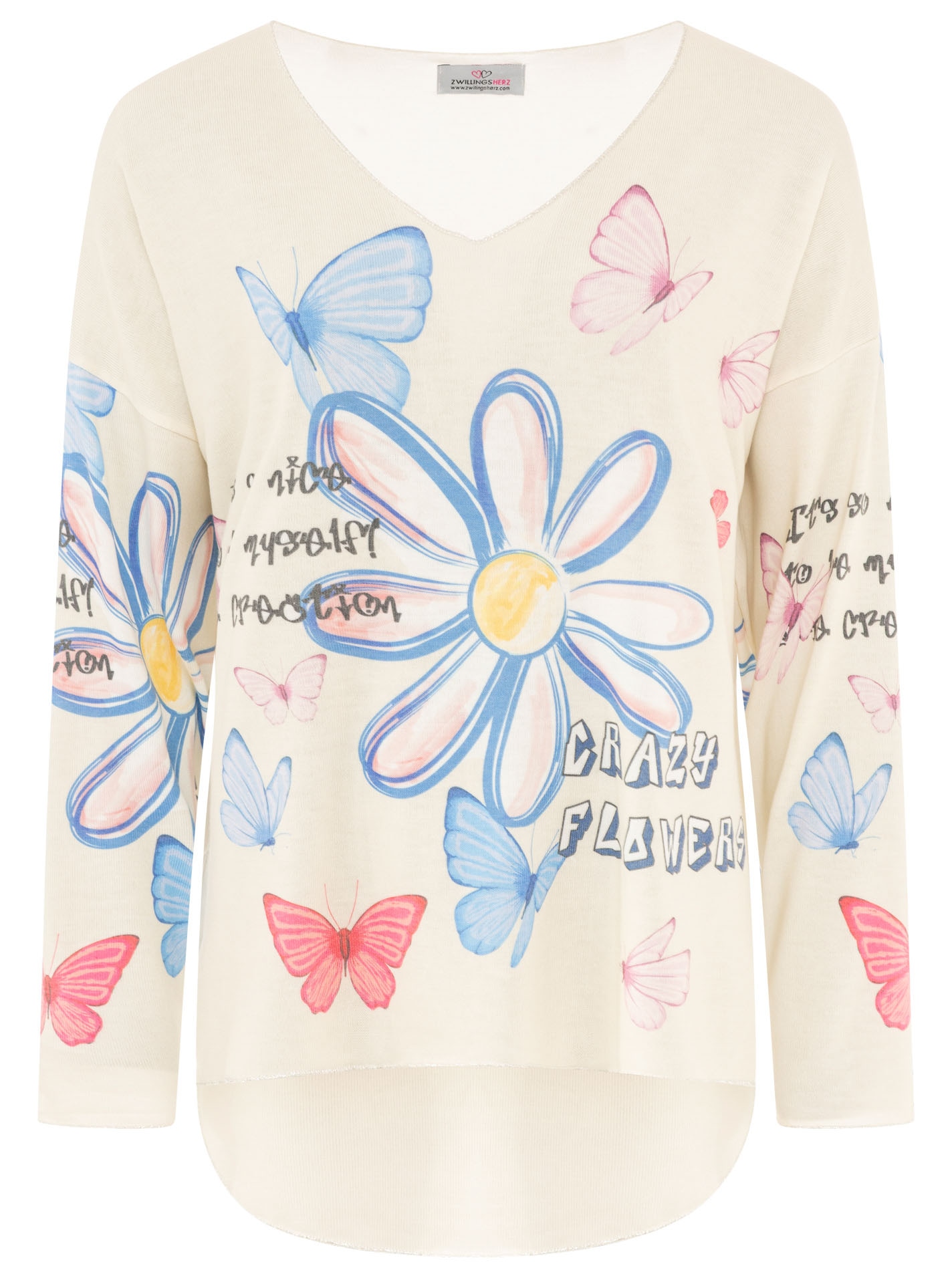 Zwillingsherz T-shirt à manches longues »"Crazy Flower"« Blumendesign, V-Neck, leichtes Material