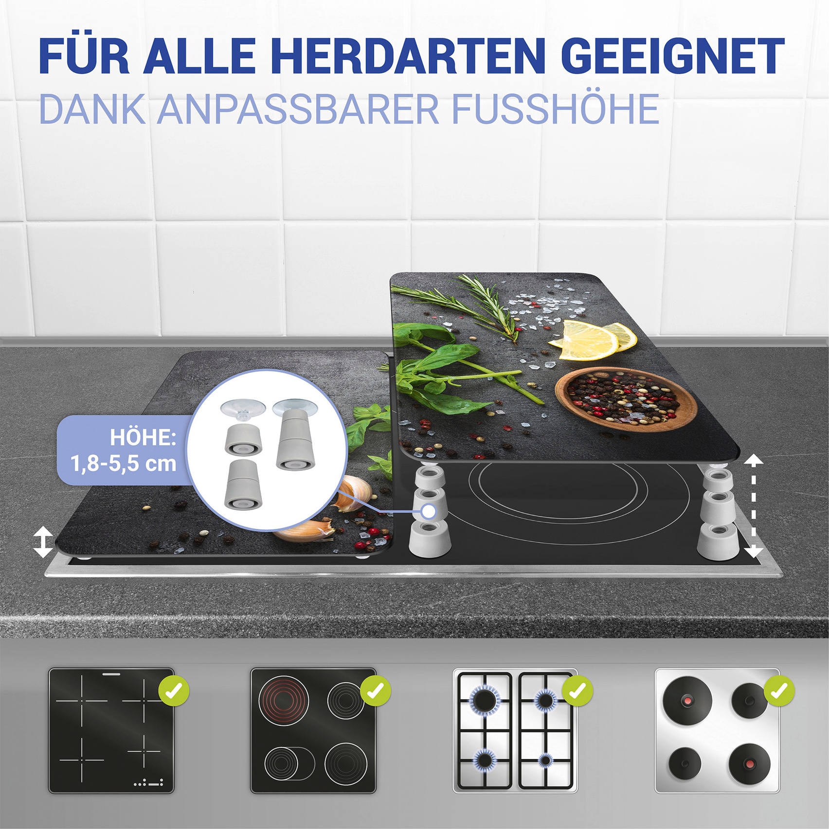 WENKO Plaque de recouvrement de la cuisinière »Universal Modell Kräuter« Herdabdeckung für alle Herdarten, kratzfest, mit rutschfesten Füssen