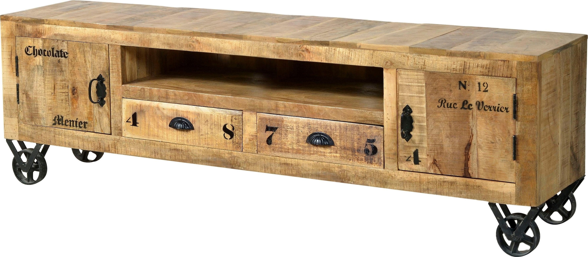 Image of SIT Lowboard "Toledo aus Mangoholz mit Metallrollen im Vintage Used Look" Rustikales TV-Board mit 2 Türen, 2 Schubladen und Kabeldurchführung