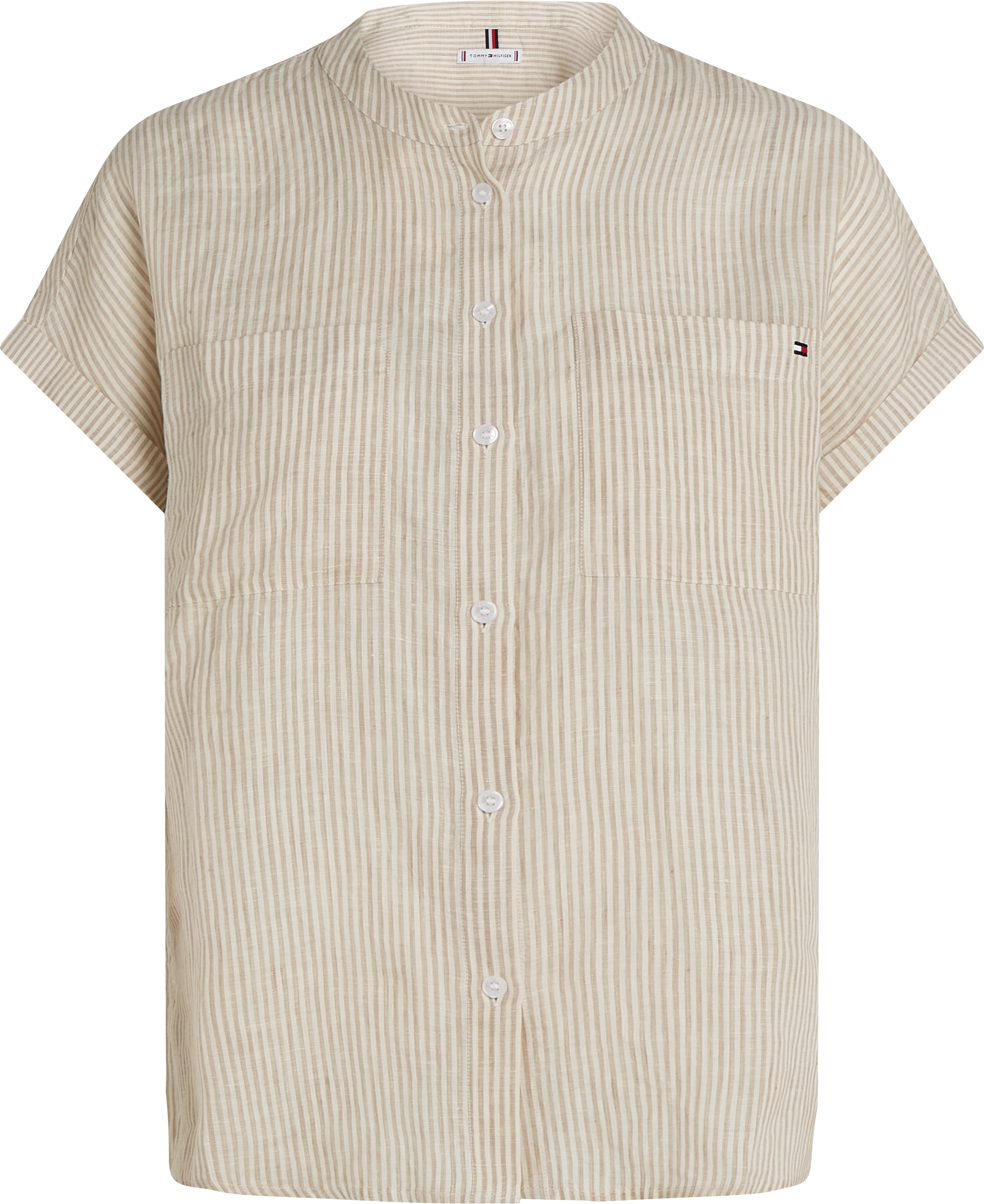 Tommy Hilfiger Kurzarmbluse »ESS LINEN COLLARLESS S/S BLOUSE«, mit Logostickerei,kühlendes Premium Leinen