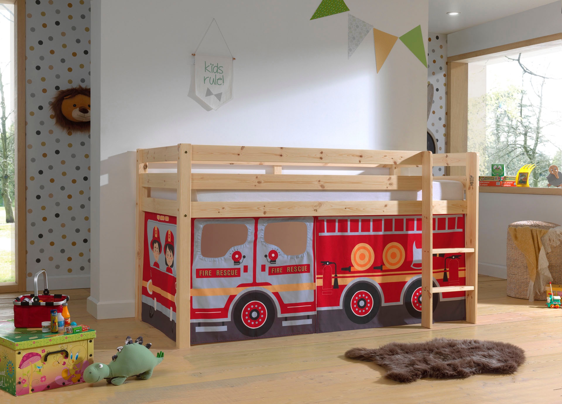 Vipack Spielbett »Pino, Kiefer massiv, mit Rolllattenrost u. Textil-Set, Made in Europe« B/H/T ca. 210x114x106cm, mit Leiter und Absturzschutz,  verschiedene Textil Dessins, 3 Gestellfarben zur Wahl