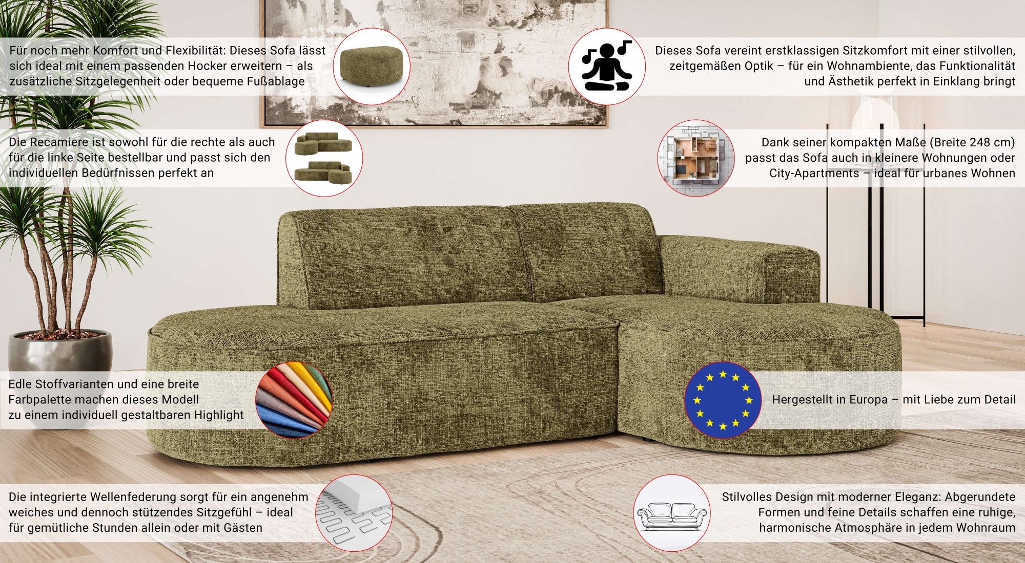 GOODproduct Ecksofa »ADELLA Design-Sofa mit Recamiere rechts/links, 248/159/76 cm« L-Form mit Wellenunterfederung, runde Form, auch in Cord