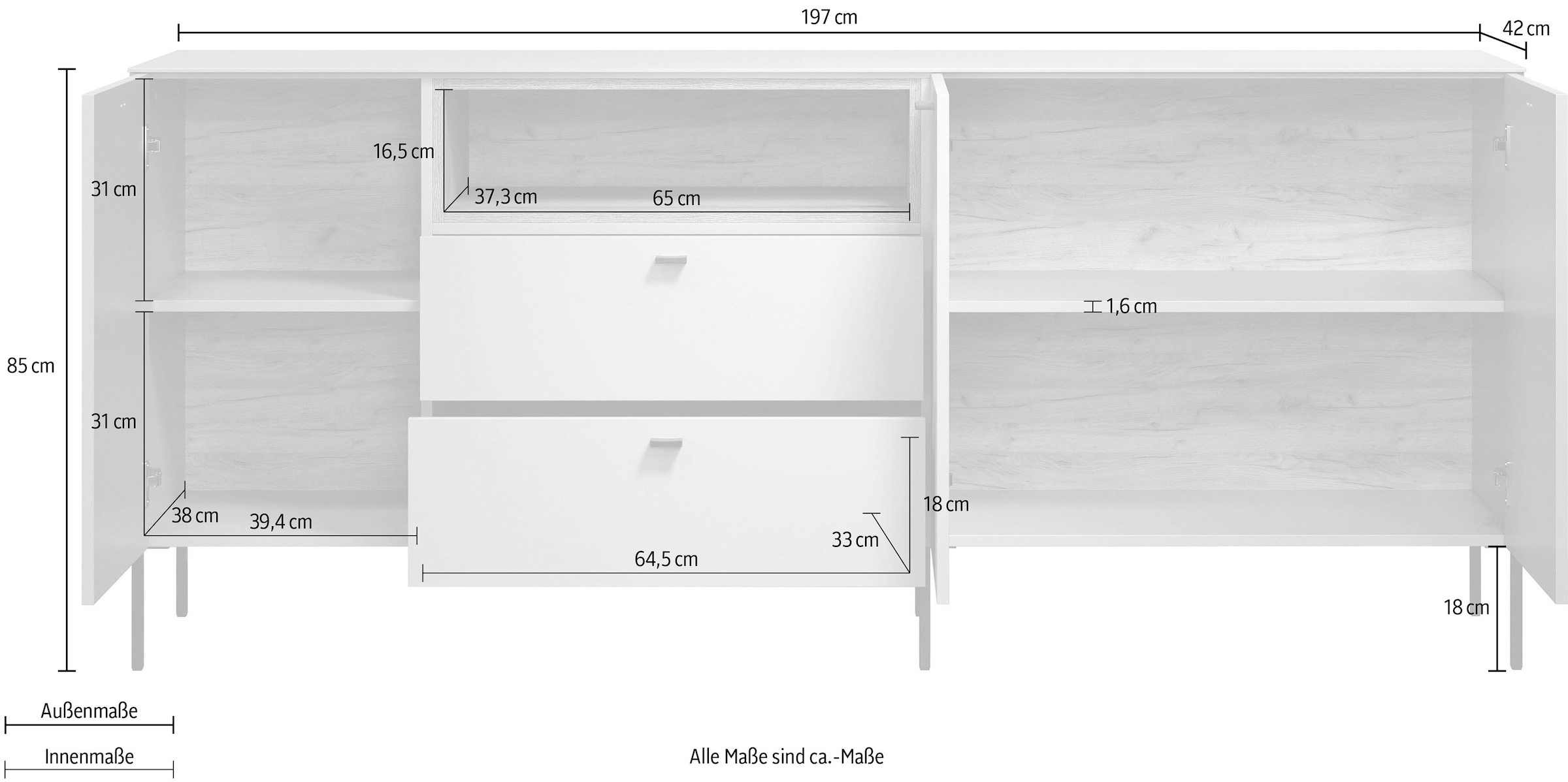Places of Style Sideboard »San Pedro«, (1 St.), Anrichte mit Griffen und Füssen aus Metall - (B/T/H) 197/42/85 cm