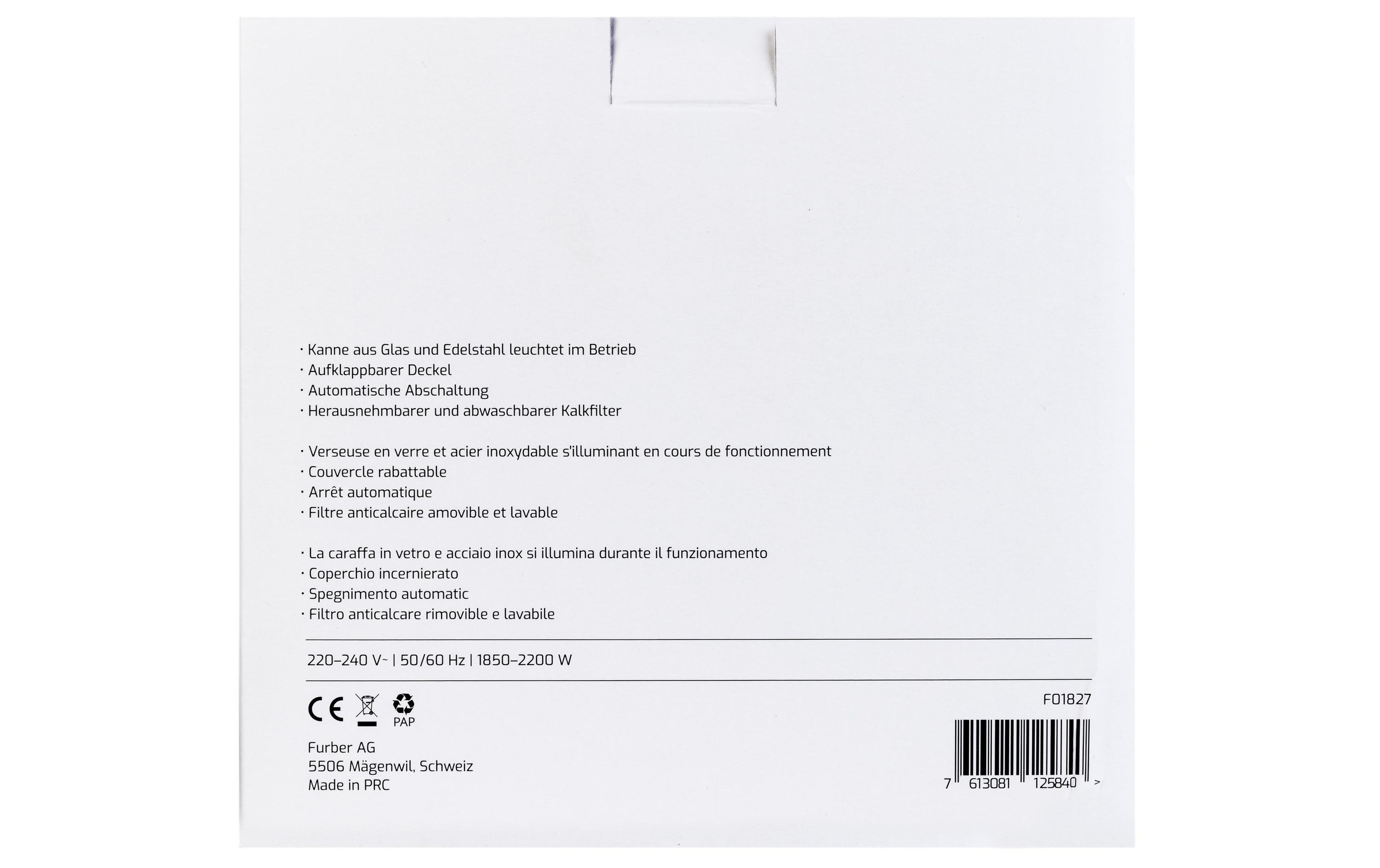 FURBER Wasserkocher »Vetro 1 l«, 1 l, 1850 W