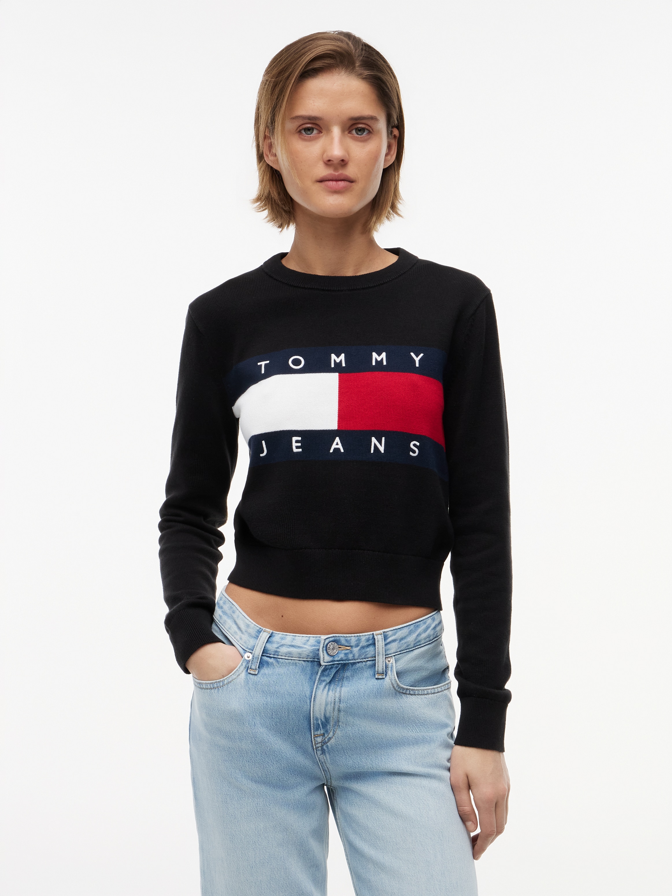 Tommy Jeans Rundhalspullover »TJW FLAG CREW NECK SWEATER EXT« Baumwolle, Flag Strickmuster