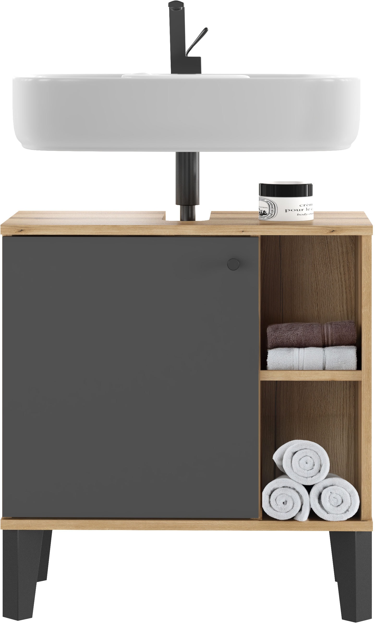 Home affaire Waschbeckenunterschrank »Oslo, Waschtisch mit Knopfgriff, Badschrank im skandinavischen Design« in der Türfarbe Weiss oder Grau verfügbar, ausreichend Stauraum