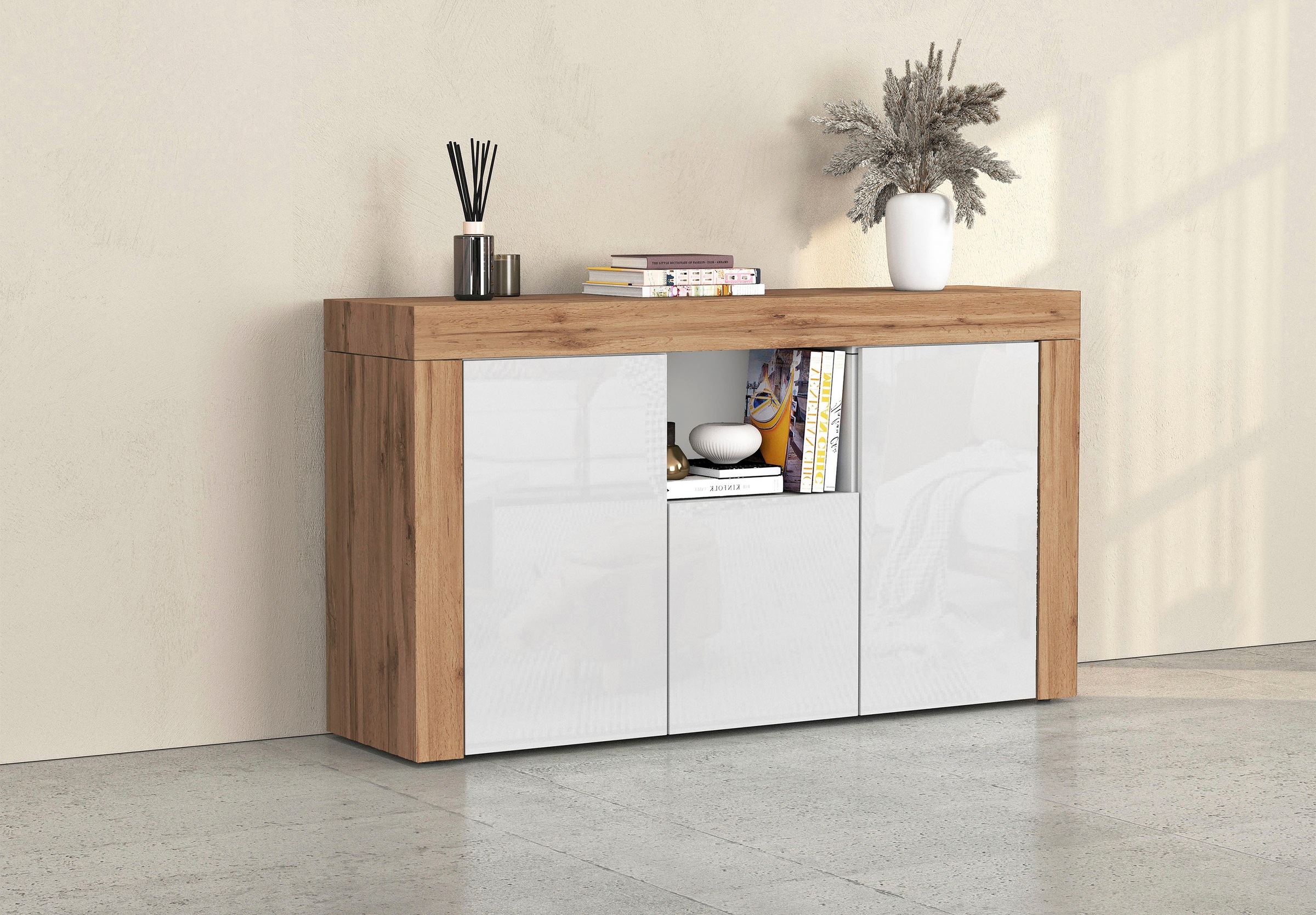 Image of GOODproduct Sideboard "CHRONOS Breite 155 cm mit 3 Türen, 1 offenes und 6 geschlossene Fächer" 1 Stk. tlg. Sideboard,Kommode, Schrank, Grifflos mit Push to Open, Made in Italy