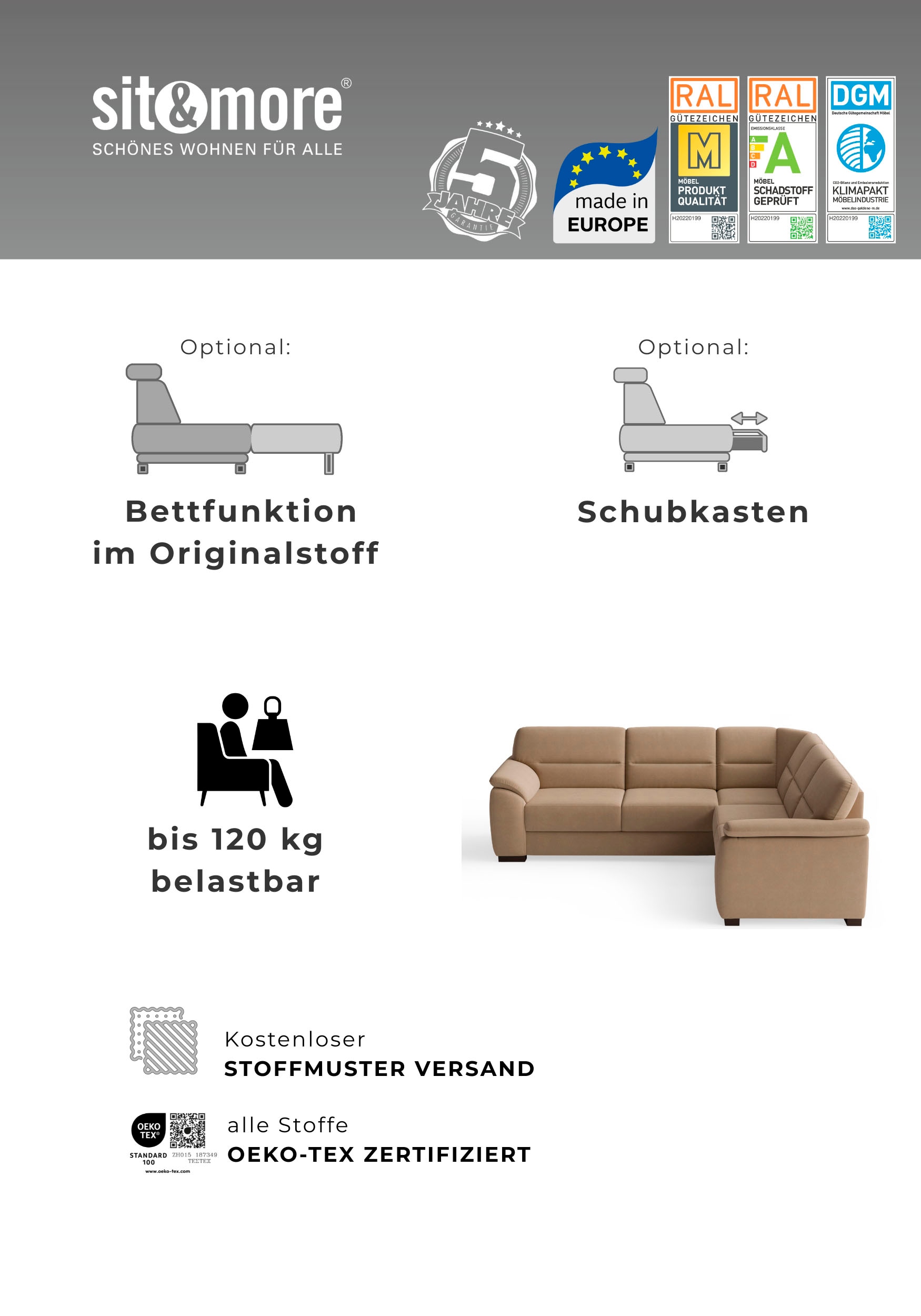 sit&more Ecksofa »Montego L-Form, B: 255 cm« wahlweise mit Bettfunktion und Schubkasten
