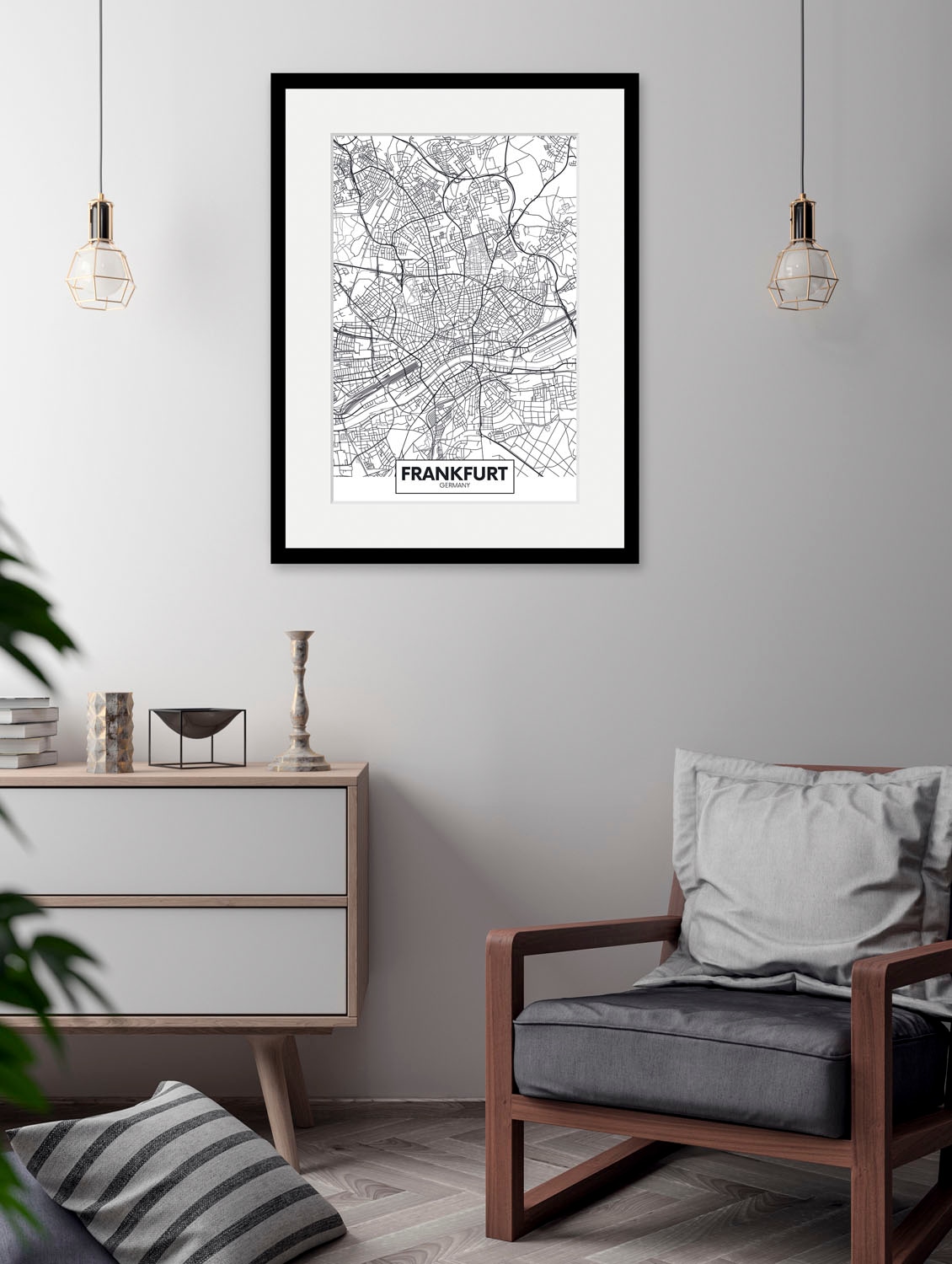 Image of queence Bild "Frankfurt Stadtkarte" Deutschland Frankfurt am Main Schriftzug Schwarz-Weiss Stadt Städte 1 Stk. tlg. HD Premium Poster-Druck inkl. Holzrahmen