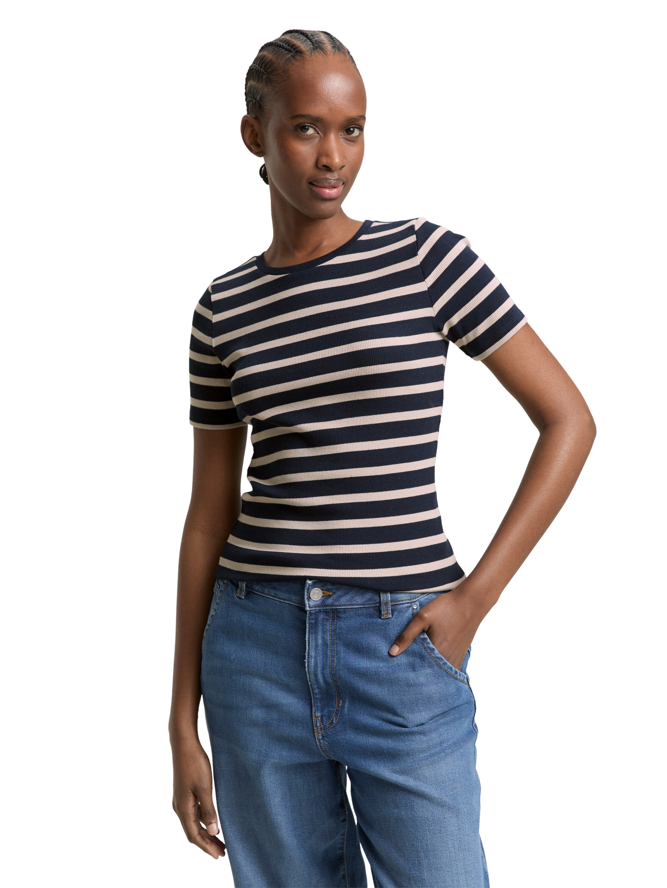 TOM TAILOR Denim Shirt à col rond gestreift, Fein-Ripp-Optik