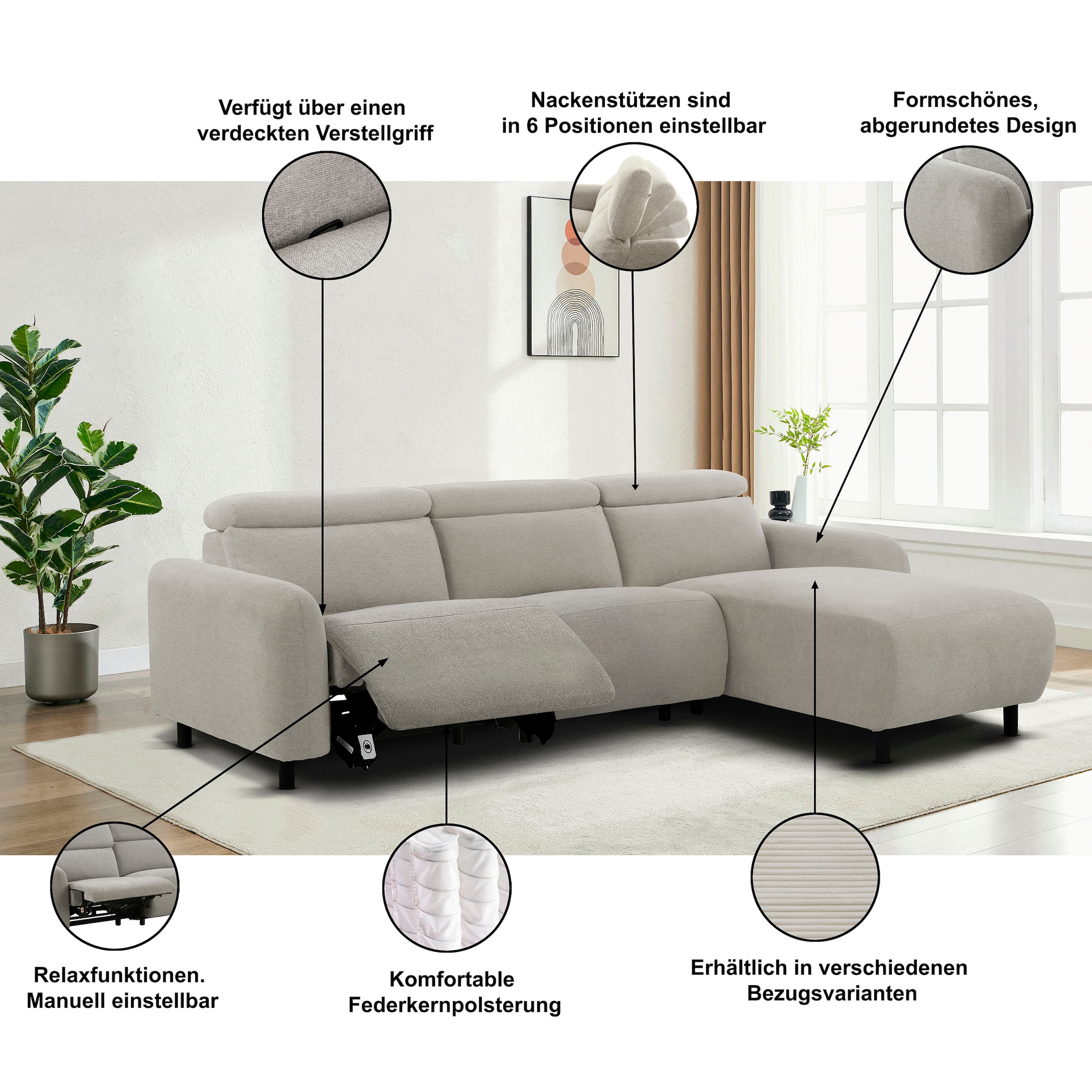 GOODproduct Ecksofa »SKAANE Struktur, L-Form, 274 cm, manuelle/elektrische Relaxfunktion,« 274 cm, mit Kopfteilverstellung und man. oder elektr. Relaxfunktion