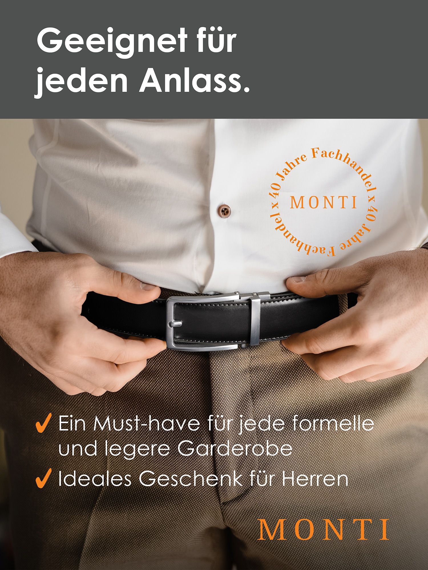 MONTI Ledergürtel, 3,5 cm breit, Klassisch-Business, Automatikschliesse - Passt immer