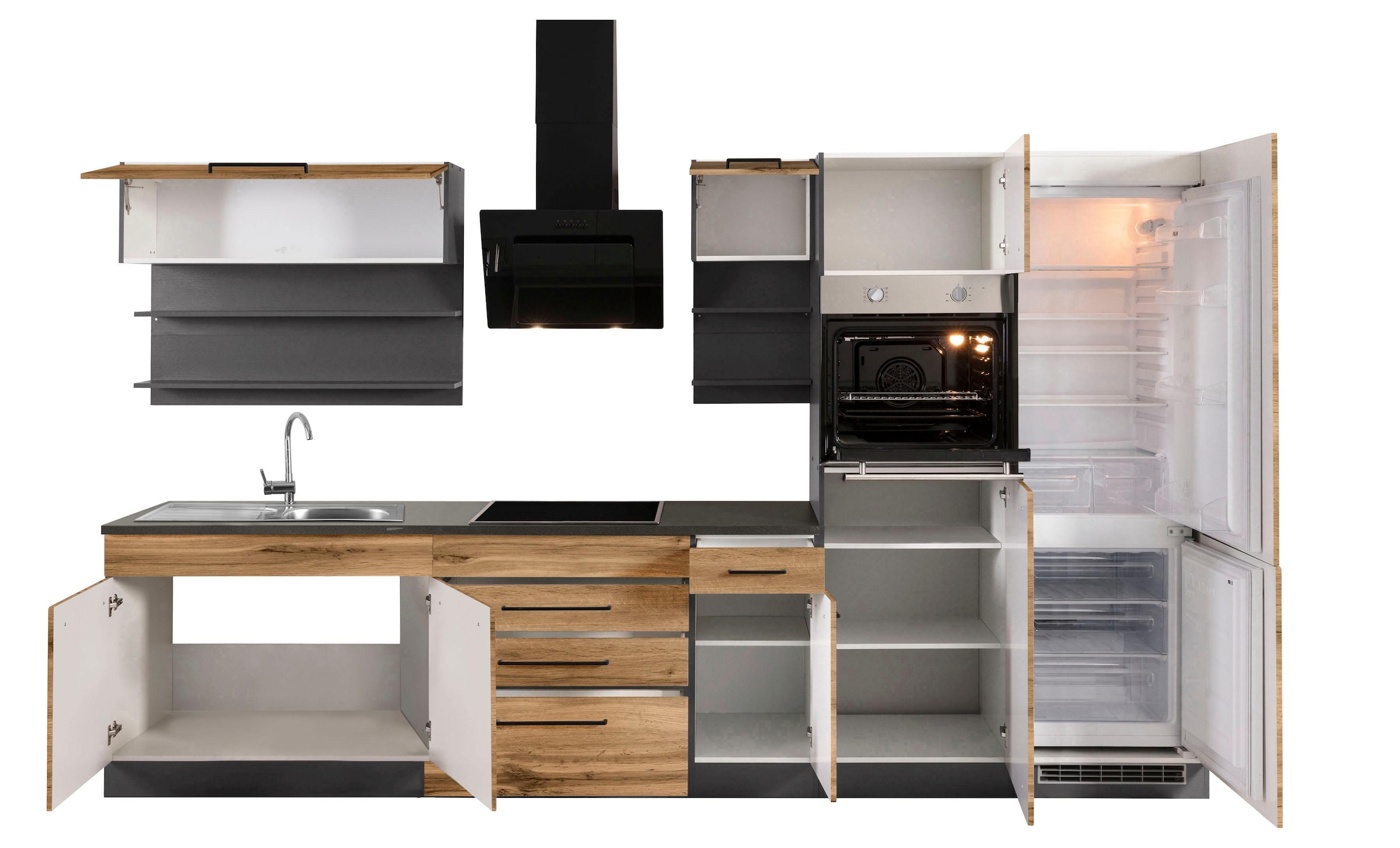 KOCHSTATION Kitchenette »KS-Tulsa« sans appareils électriques, largeur 350 cm, poignées métalliques noires, façades MDF
