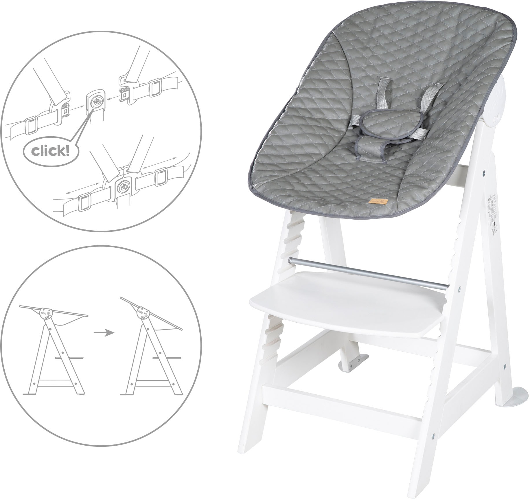 roba® Hochstuhl »Born Up, weiss, mit Neugeborenen-Aufsatz, stone gesteppt«, (Set)