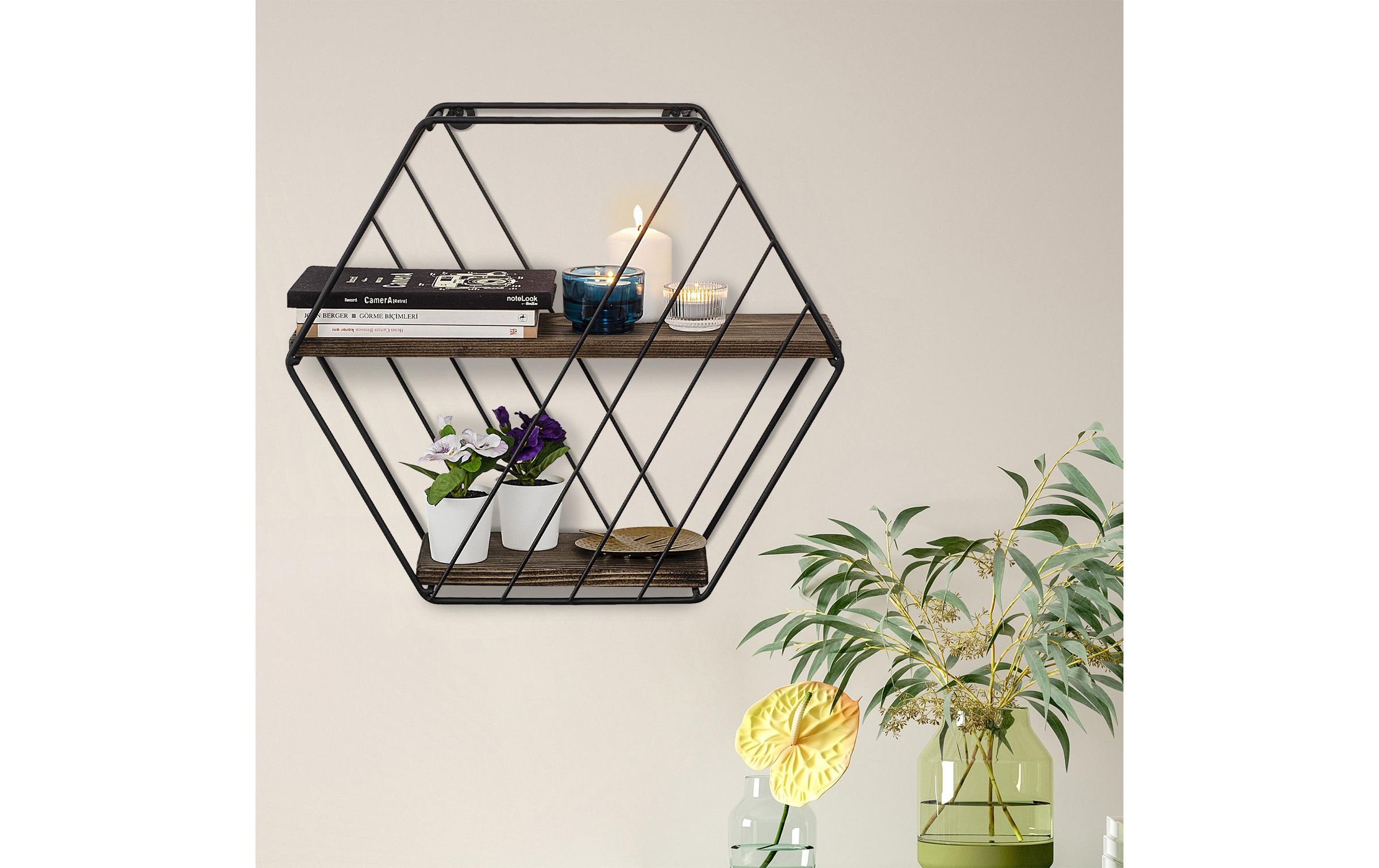 Image of WOODY FASHION Wandregal "Liliales 44 x 40 x 15 cm, Schwarz/Walnuss"