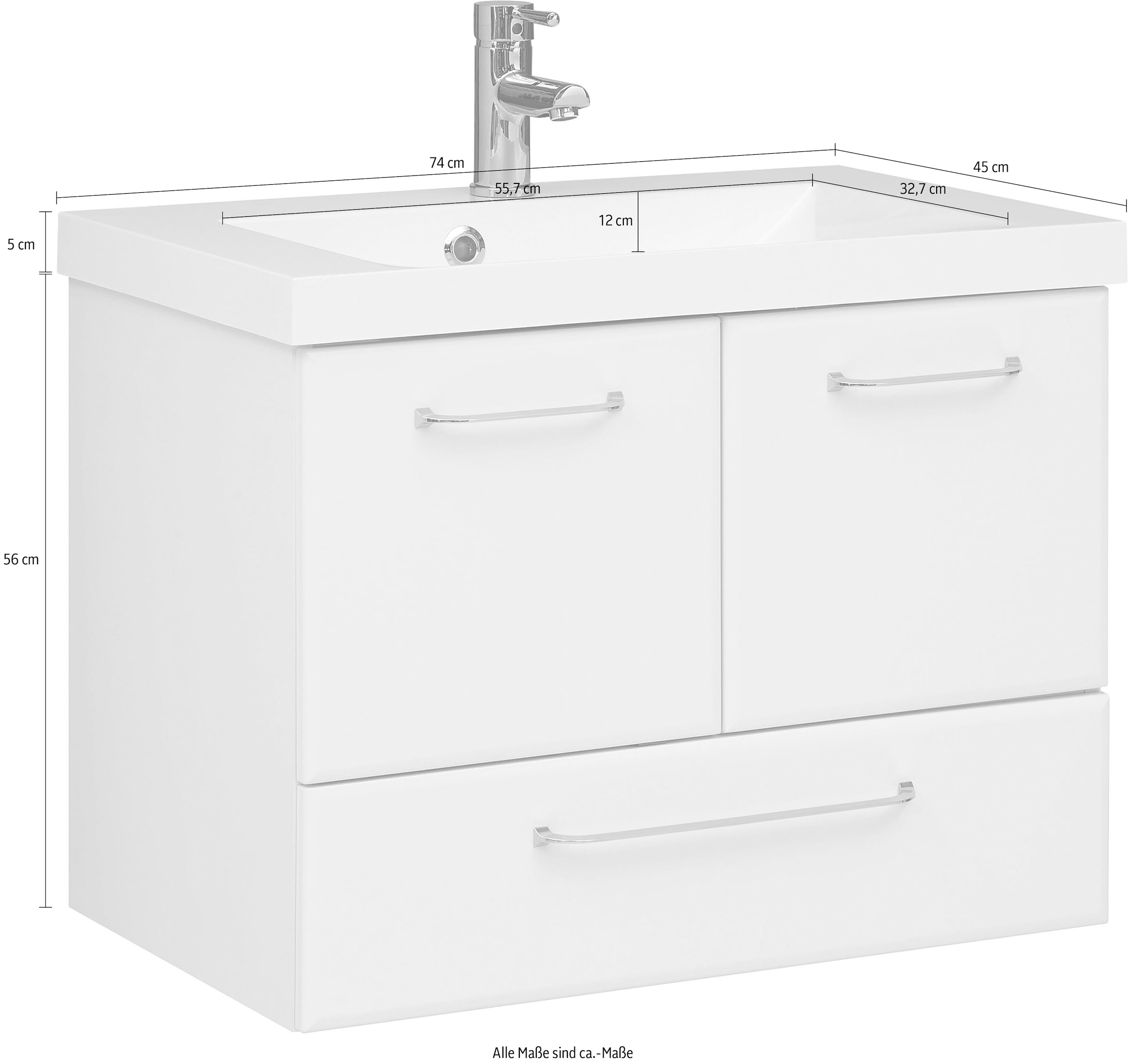Saphir Waschtisch »Quickset Mineralmarmor-Waschtisch mit Unterschrank, 74 cm breit« Wachplatz, Griffe Chrom Glanz, inkl. Türdämpfer, 2 Türen, 1 Schublade