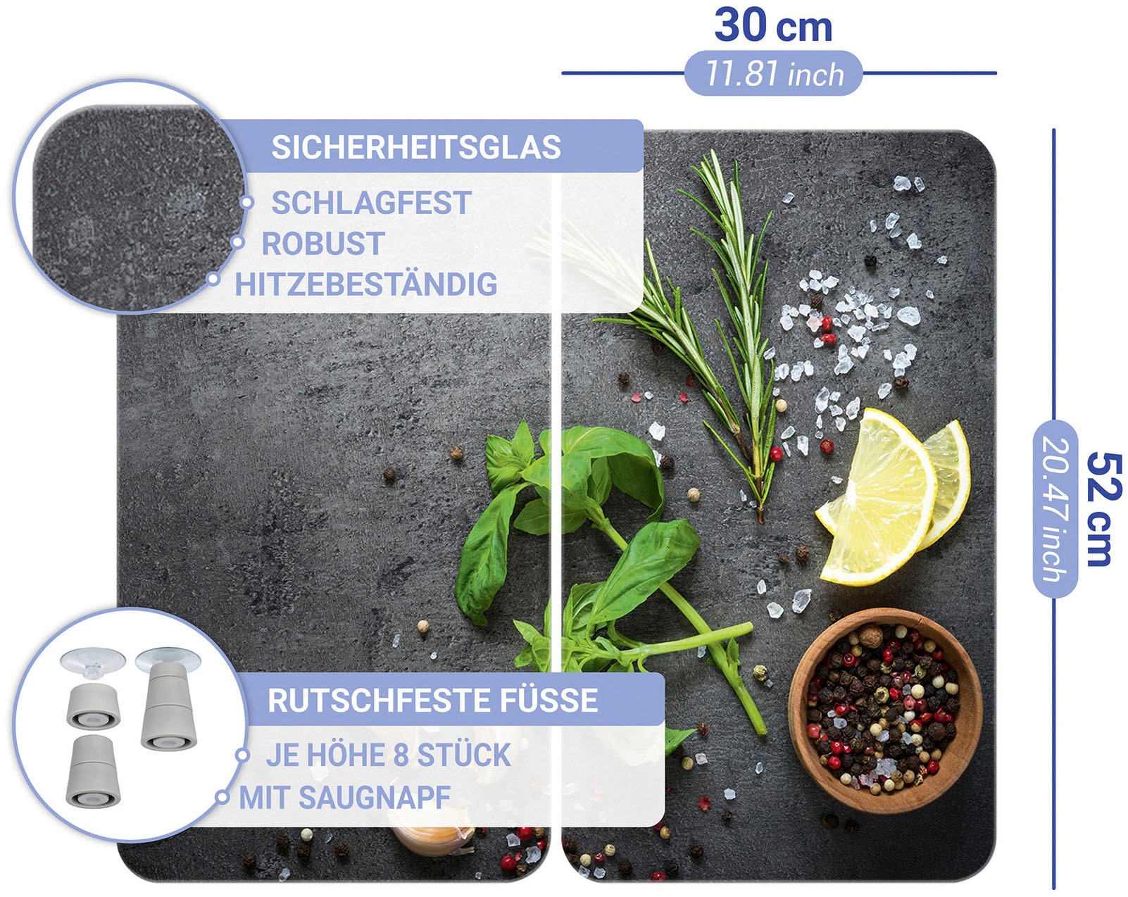 WENKO Plaque de recouvrement de la cuisinière »Universal Modell Kräuter« Herdabdeckung für alle Herdarten, kratzfest, mit rutschfesten Füssen