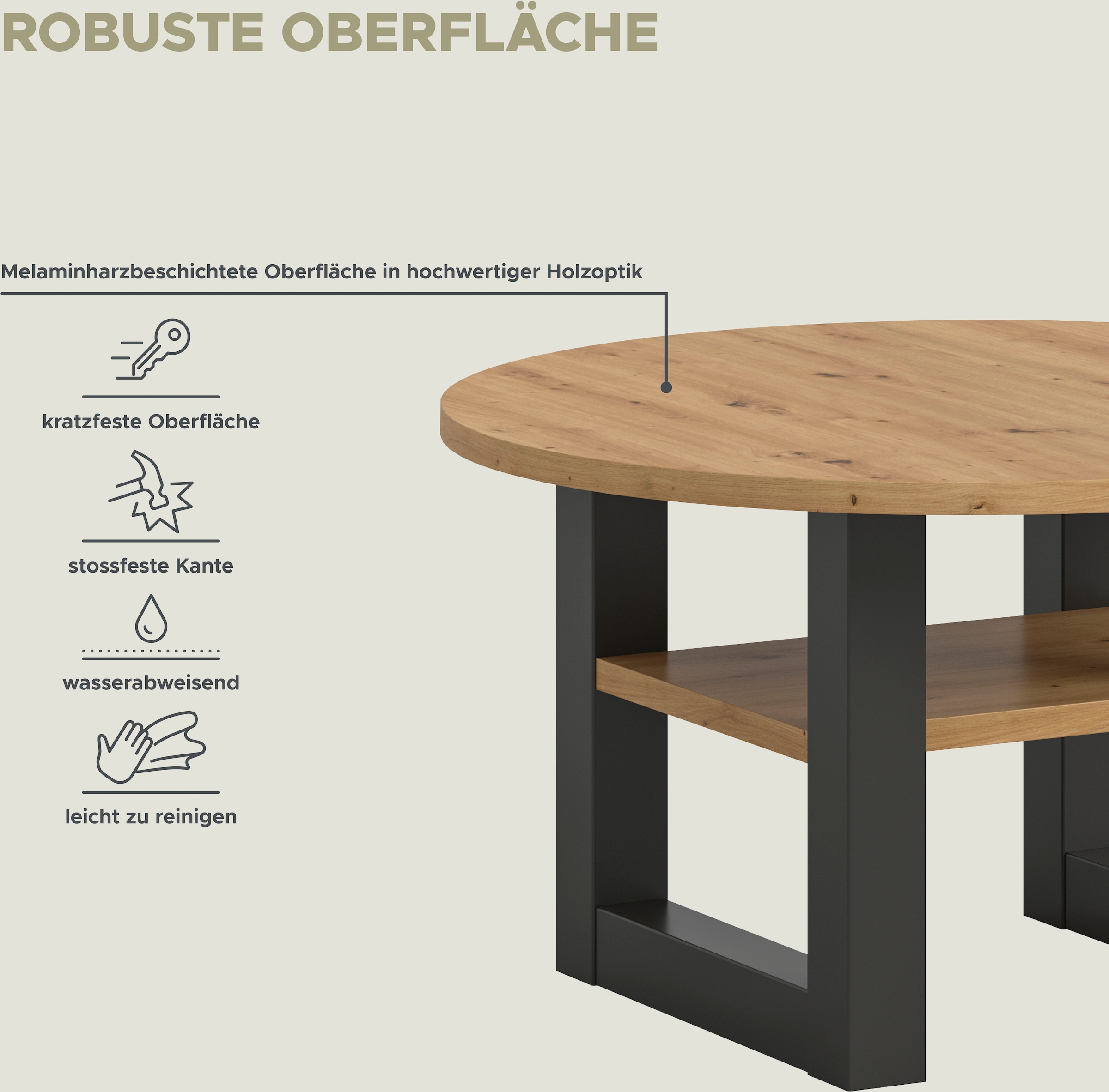 INOSIGN Couchtisch »Rail, Ø 75 cm, mit Ablageboden, inklusive Kufengestell«, Wohnzimmertisch, Beistelltisch
