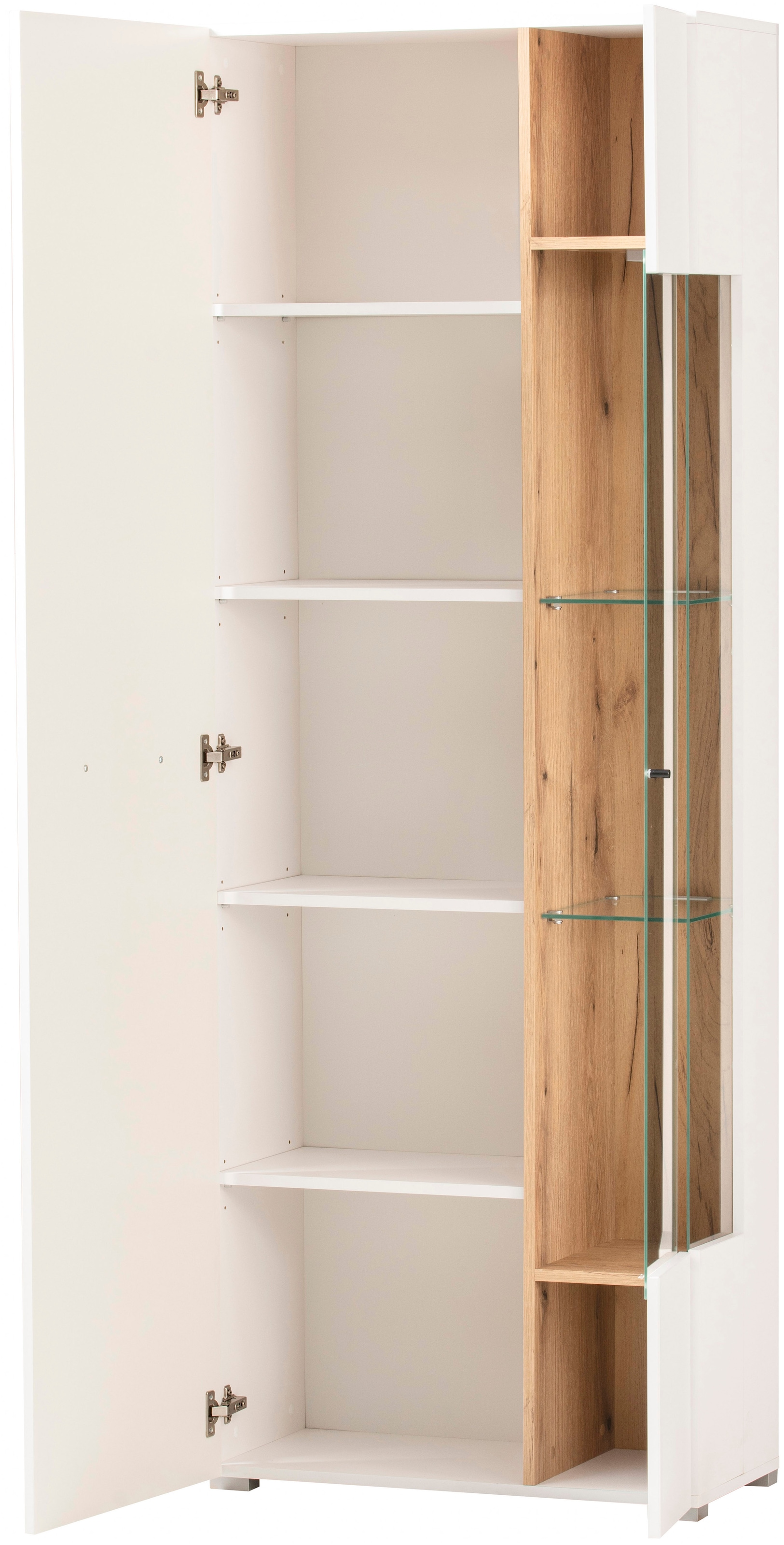 INOSIGN Wohnwand »Salerno, moderne Anbauwand, Wohnzimmer-Set, Weiss mit Eiche Evoke Dekor«, (Set, 4 St.), enthält Hängevitrine, Vitrine, Lowboard + Wandboard, Metallgriffe