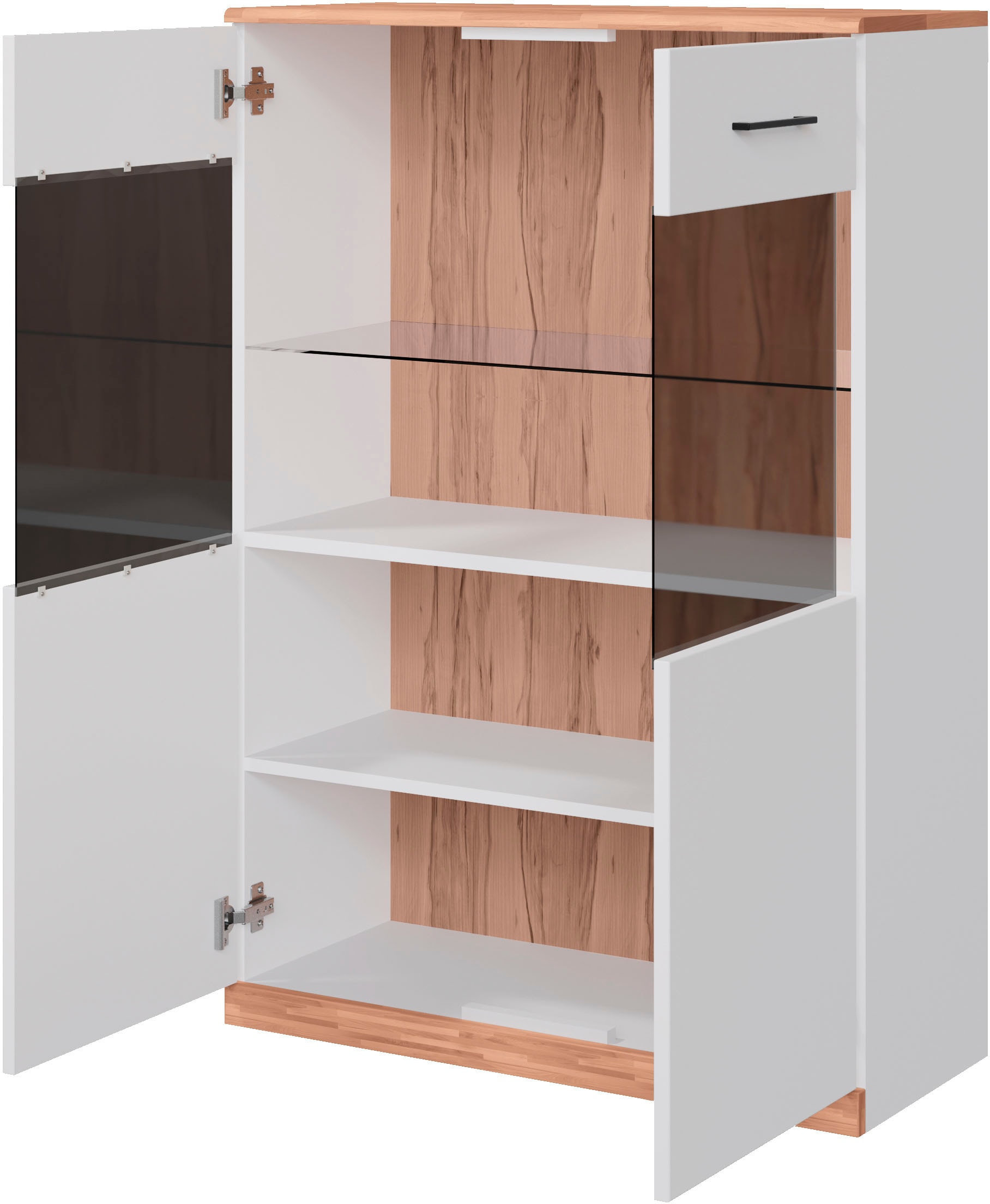 GOODproduct Vitrine »Ribe, 125 cm hoch, Fronten Massivholz, 4 breite Fächer« Korpus Holzwerkstoff, 2Türen mit Glaseinsatz, einlegeboden verstellbar