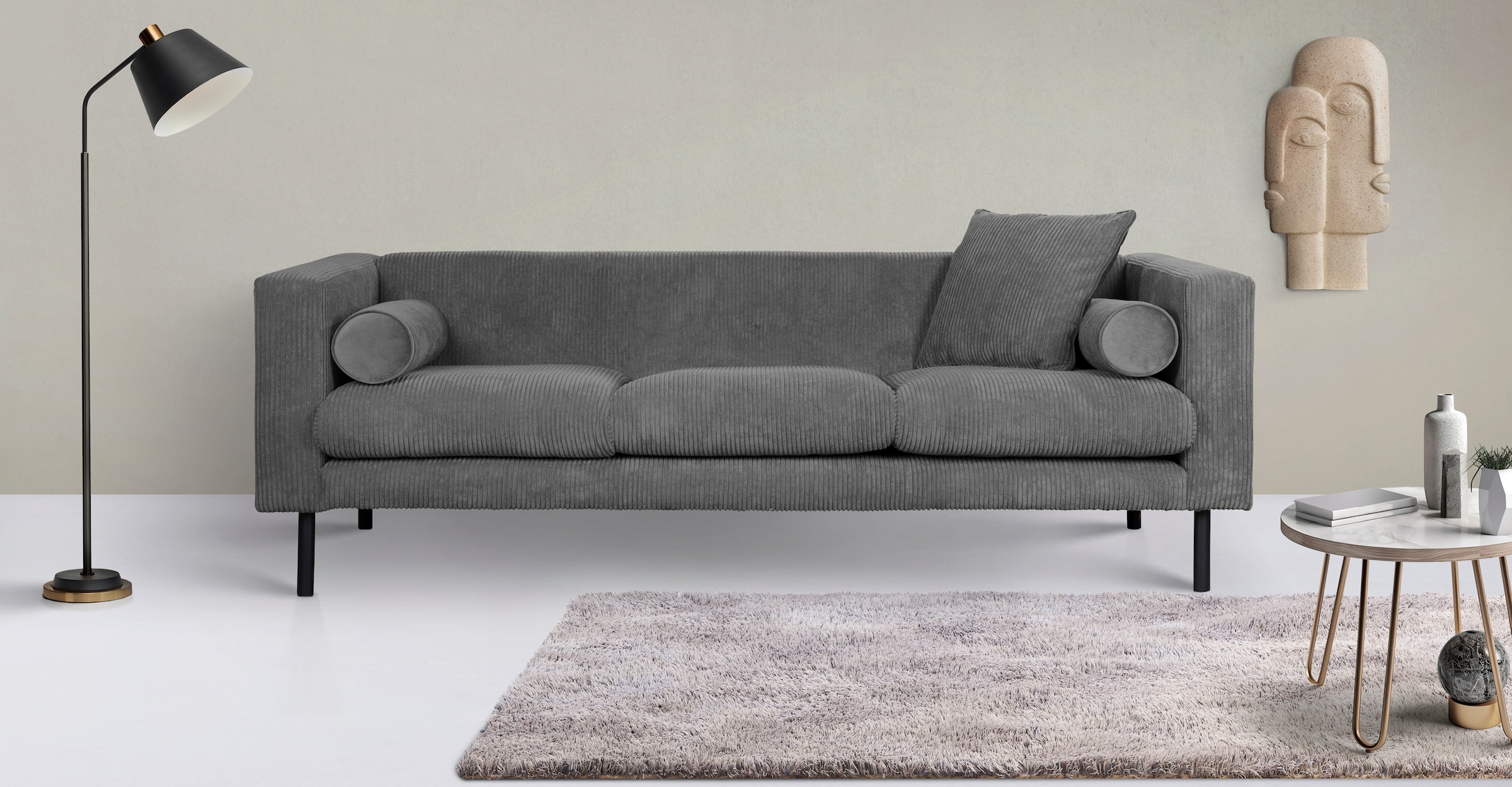 Home affaire 3-Sitzer »Lillibeth Designsofa mit Wellenunterfederung, Masse B/T/H: 218/74/83 cm« Zierkissen als Wendekissen, Bezug Samtoptik oder Cord