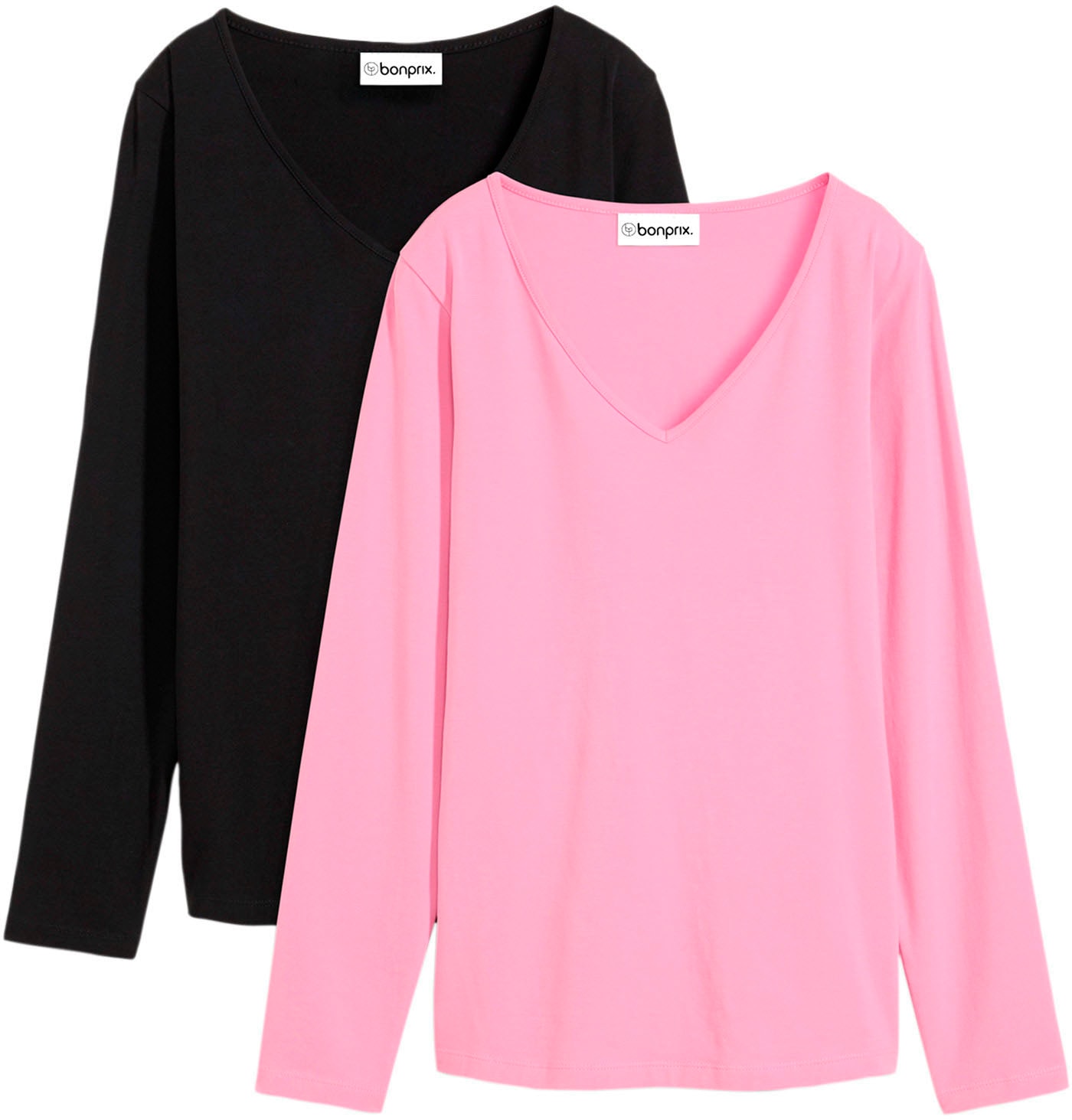Image of bonprix Langarmshirt "Figurbetontes Langarmshirt (2er Pack)" Packung, 2 Stk. Slim fit Passform, mit V-Ausschnitt, aus Baumwolle und Elasthan