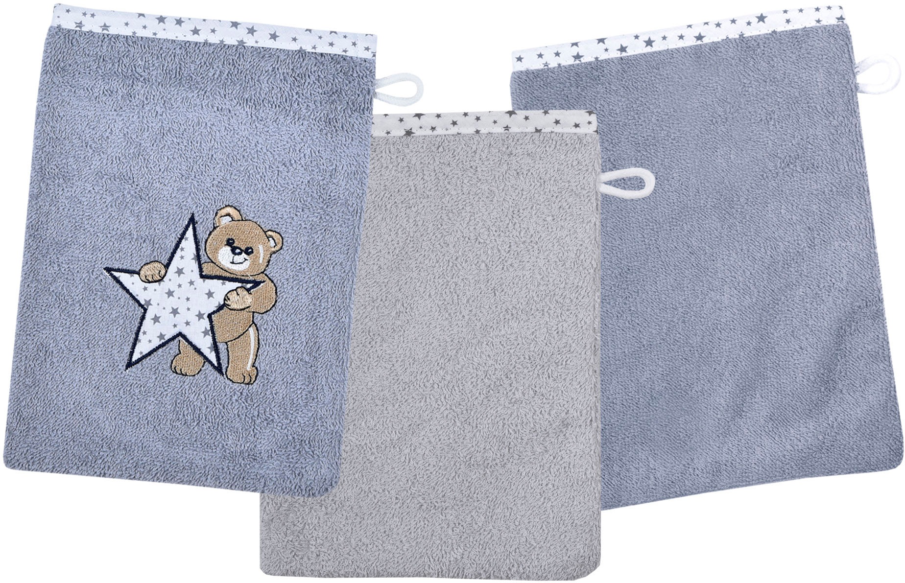 Image of Wörner Waschhandschuh "Teddy/Stern Waschhandschuh 3er Set" 1x mit süsser Teddystickerei, 2x unifarben