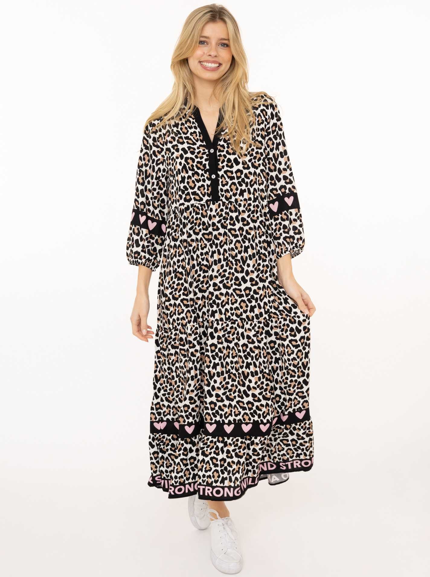 Image of Zwillingsherz Maxikleid ""Classic Leo"" Ohne Taschen Leomuster, Knopfleiste und 3/4 Arm