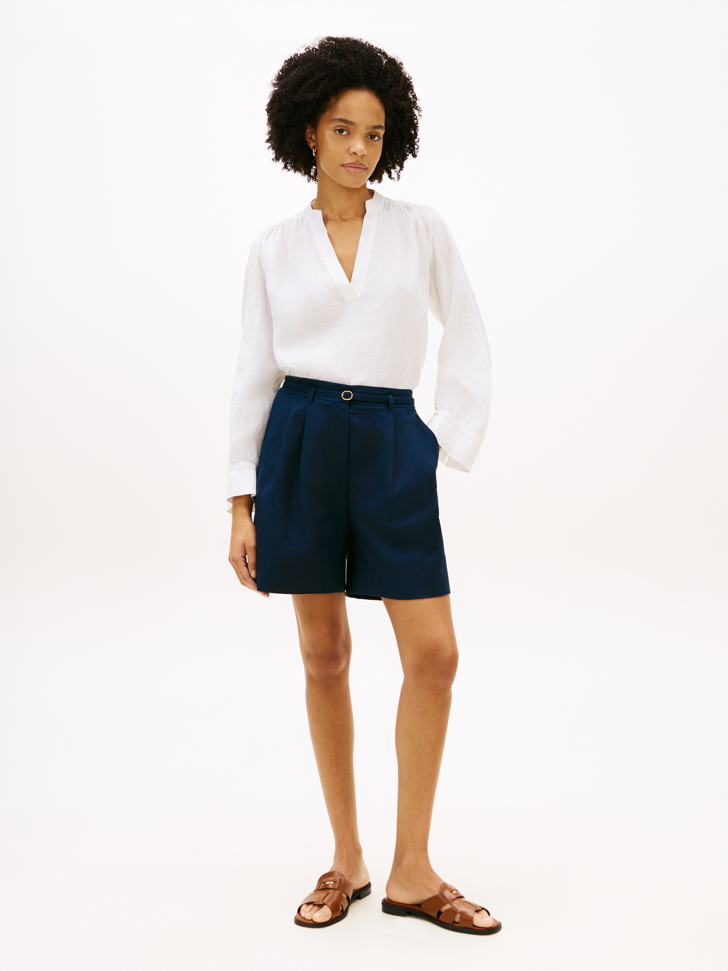 Tommy Hilfiger Blouse à manches longues »ESSENTIAL LINEN V-NECK LONGSLEEVE BLOUSE« avec épaules froncées, coupe décontractée