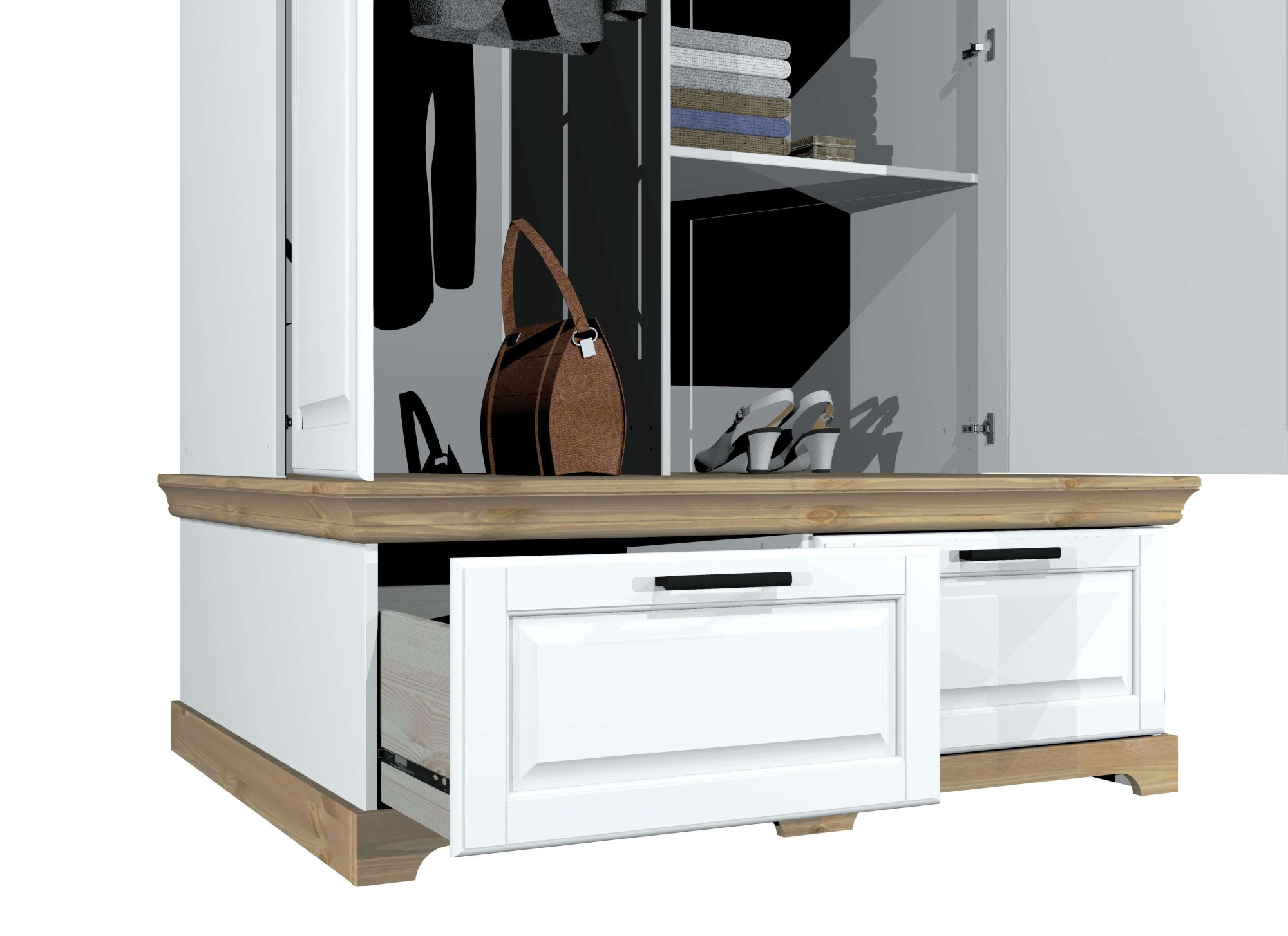 GOODproduct Kleiderschrank »Rügen Garderobenschrank, Drehtürenschrank, Schrank« FSC® zertifizierte massive Kiefer, Breite 127 cm, integrierte Bank