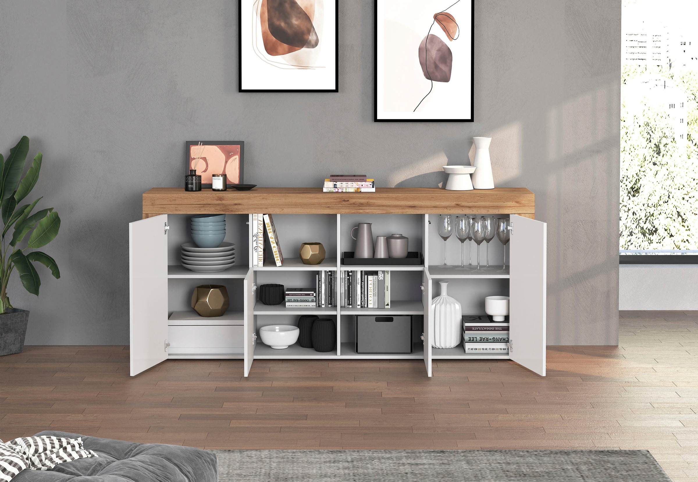 GOODproduct Sideboard »CHRONOS Breite 200 cm  mit 4 Türen, 2 offene und 8 geschlossene Fächer« 1 Stk. tlg. Sideboard,Kommode, Schrank, Grifflos mit Push to Open, Made in Italy