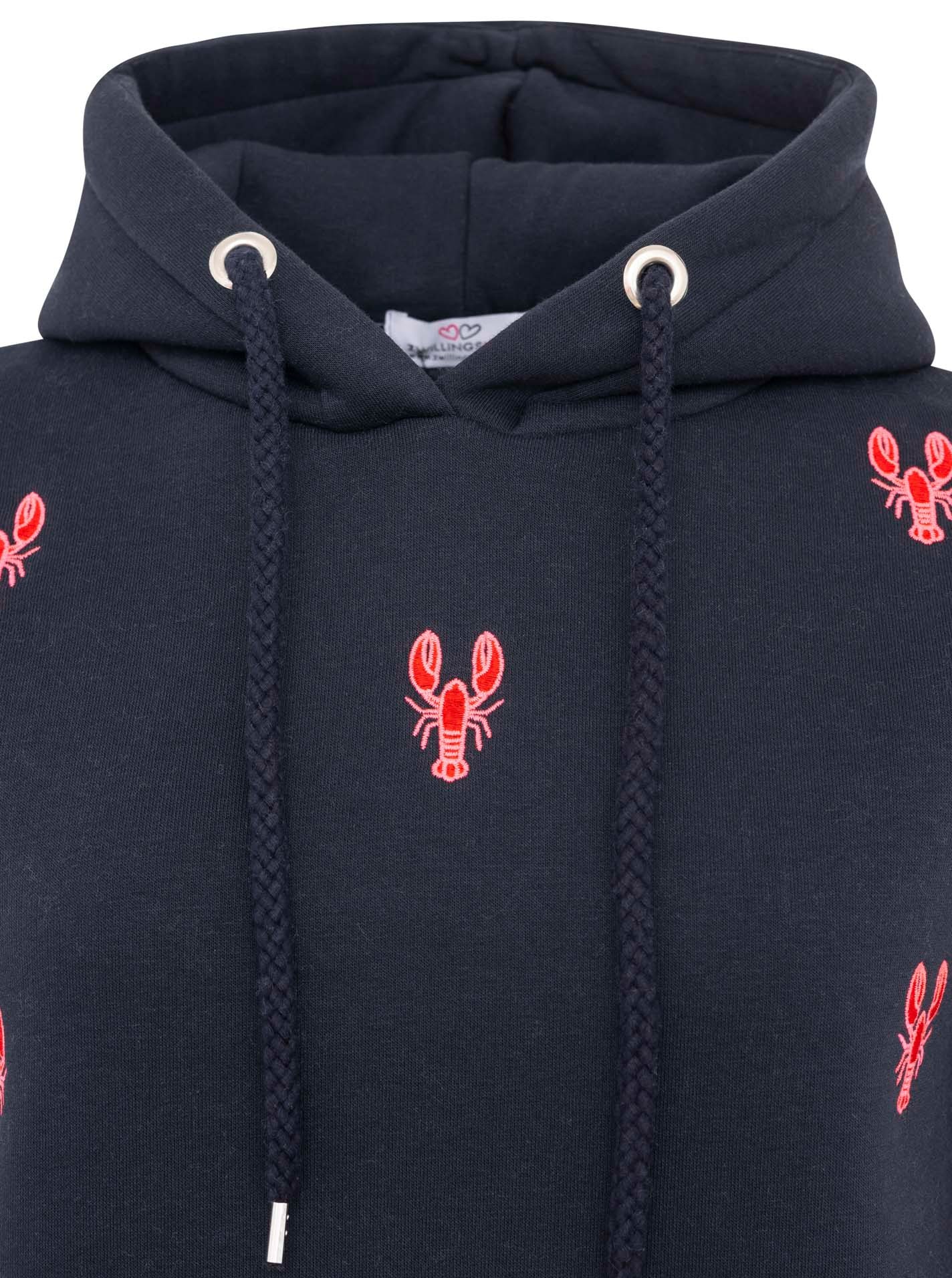 Zwillingsherz Kapuzensweatshirt, Hummer-Stickerei, Kapuze, Kordelzug, Baumwollmix