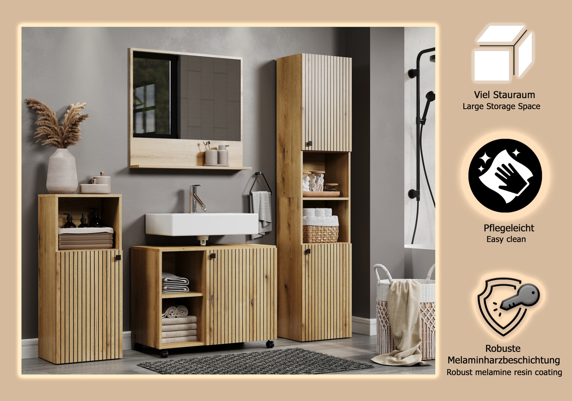 welltime Badmöbel-Set »Amrum Waschbeckenunterschrank Spiegel Hochschrank Badschrank« Komplett-Set, 4 Stk. tlg.