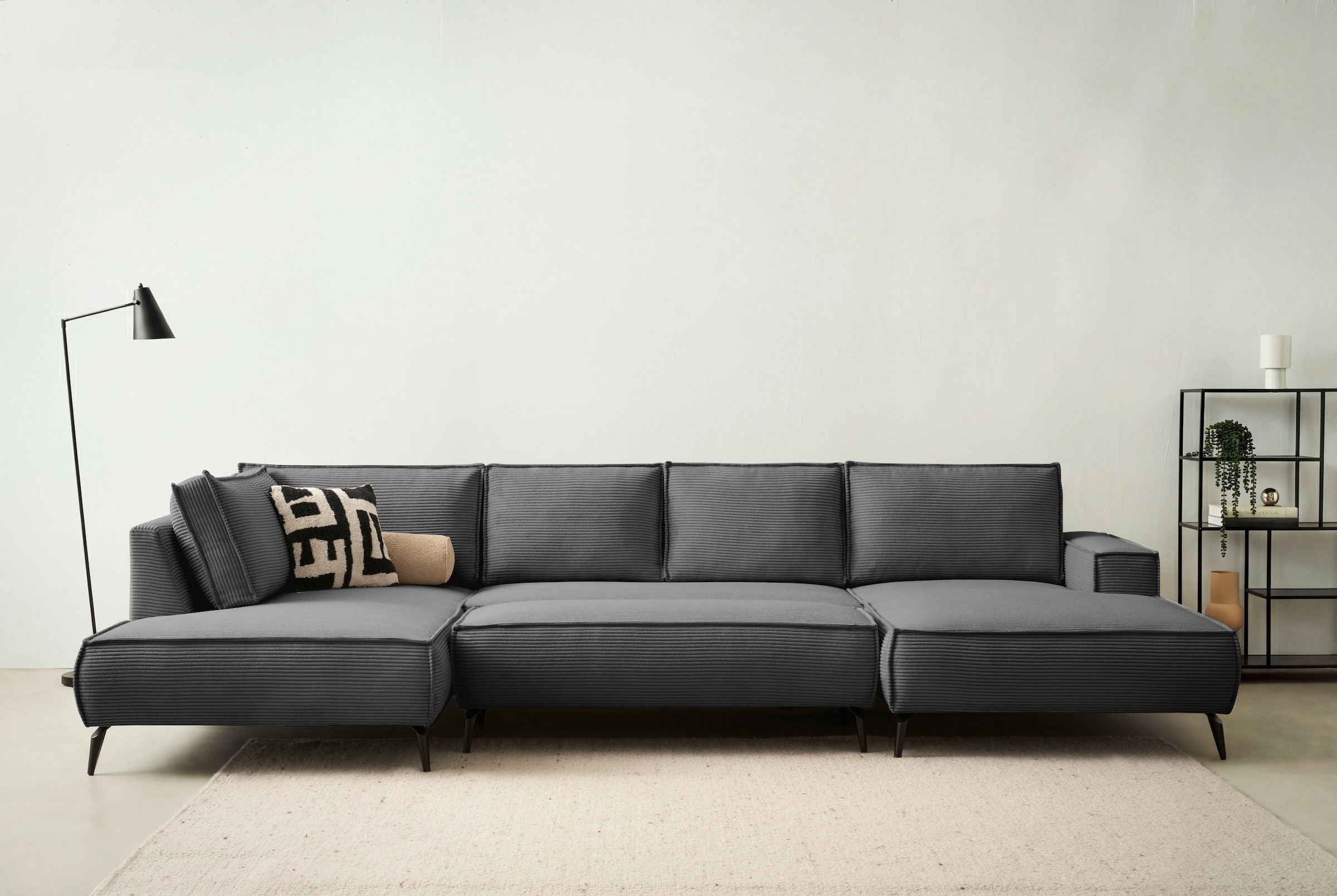 Home affaire Wohnlandschaft »mit Hocker, TVINNU, moderne U-Form in Cord oder Leinenoptik« Recamiere rechts/links, stellbar zum Schlafsofa (Krokodilverbinder)