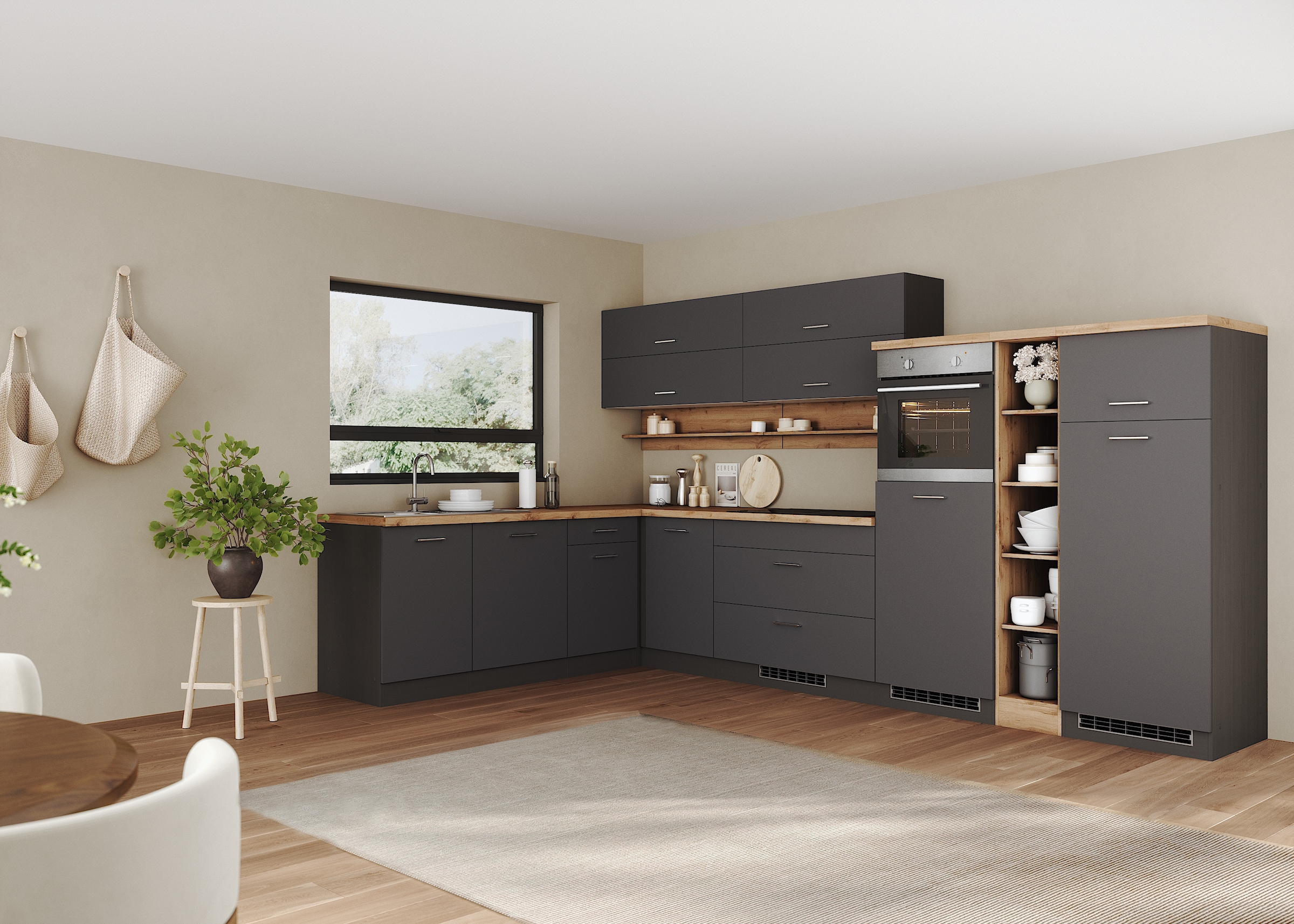 KOCHSTATION Cuisine d'angle »KS-Milan, optional mit Muldenlüfter« dimensions 360/220 cm, avec appareils électriques en option, plaque de cuisson avec hotte intégrée