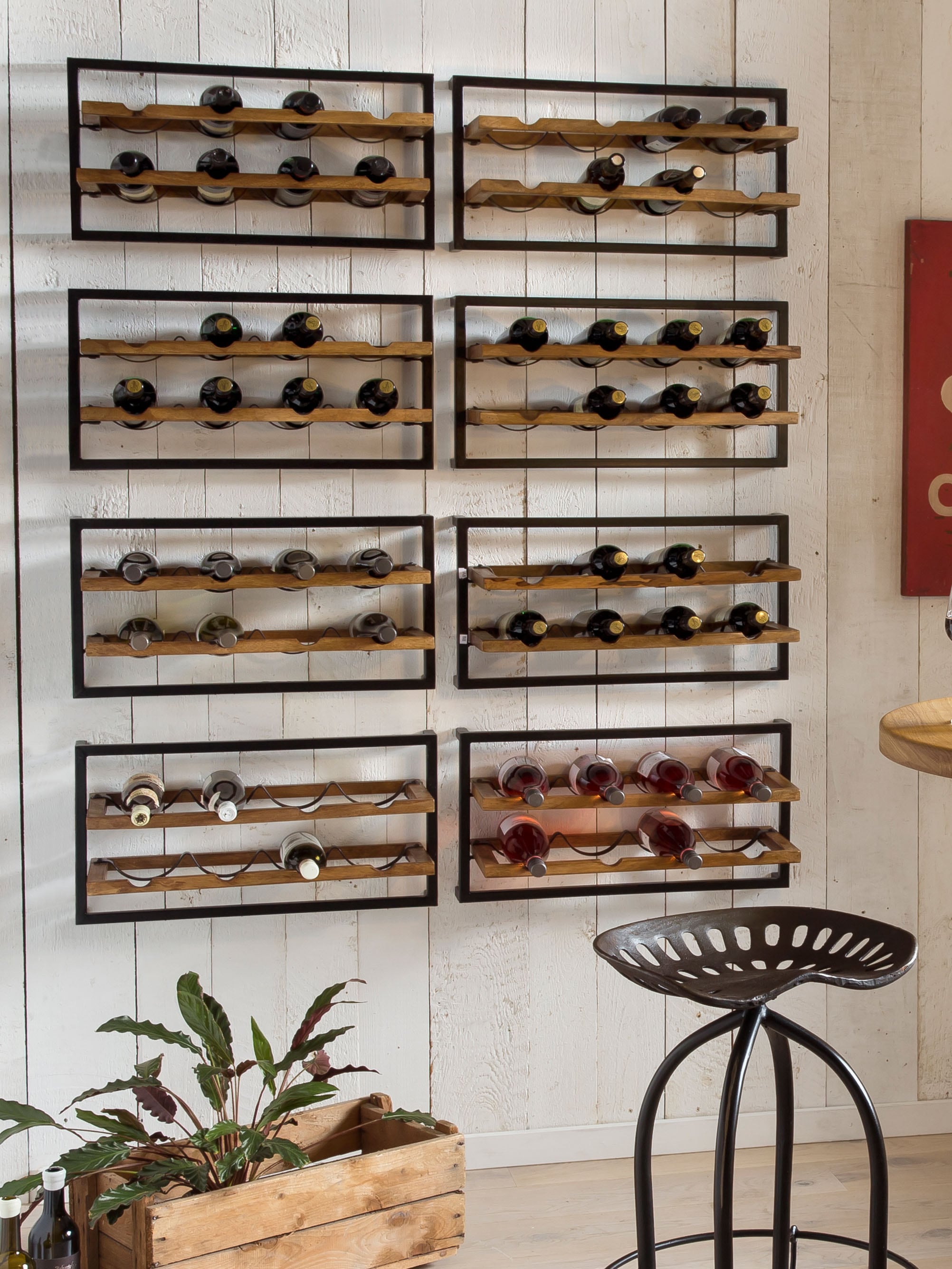 SIT Weinregal »Wandregal PANAMA – Industrial Regal aus Mango‑Holz & Altmetall« Weinregal für 8 Flaschen