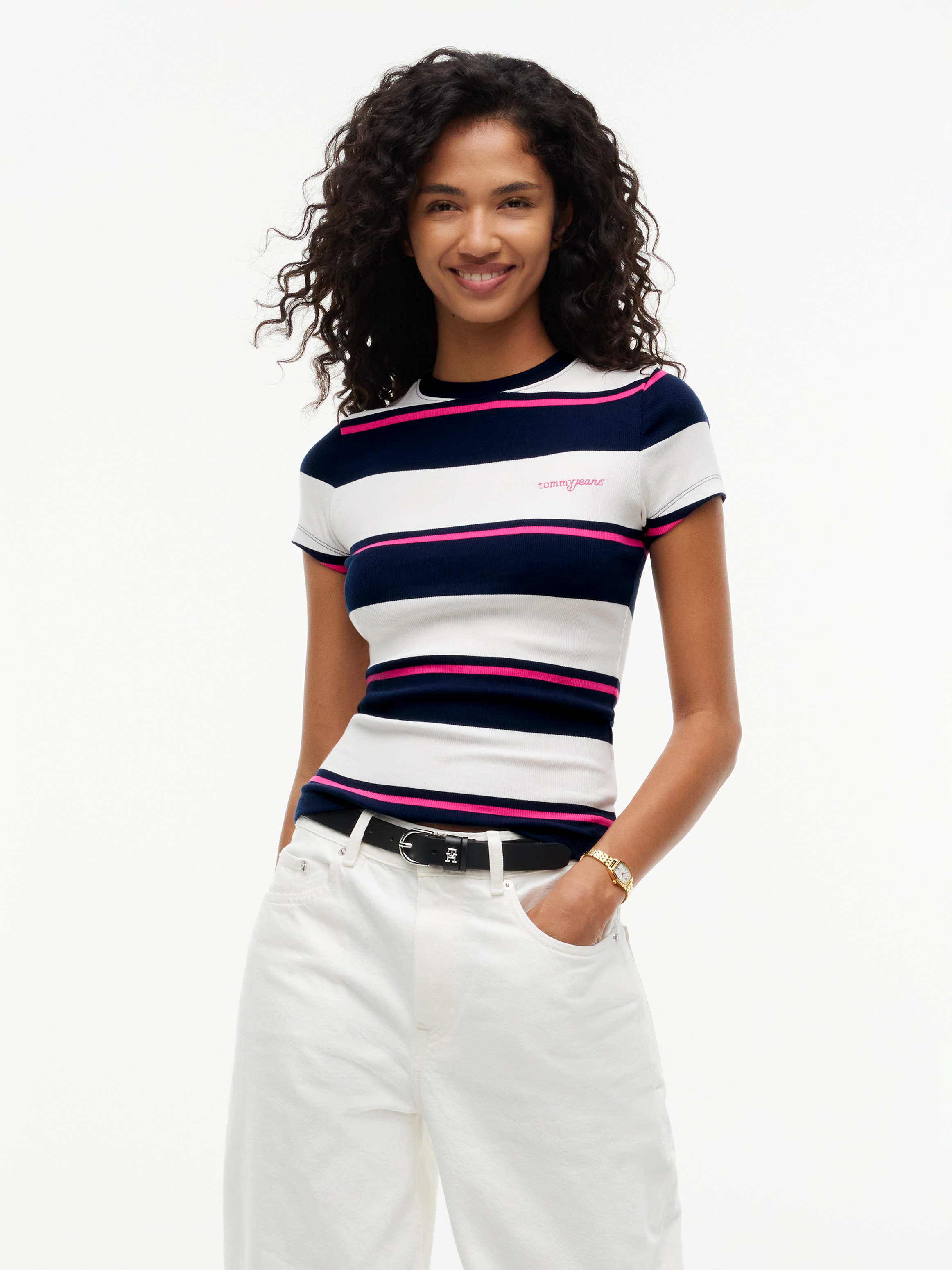 Image of Tommy Jeans Rundhalsshirt "TJW SLIM RIB SCRIPT SS TEE" Baumwollmischung, slim fit, figurbetont, in gerippter Struktur