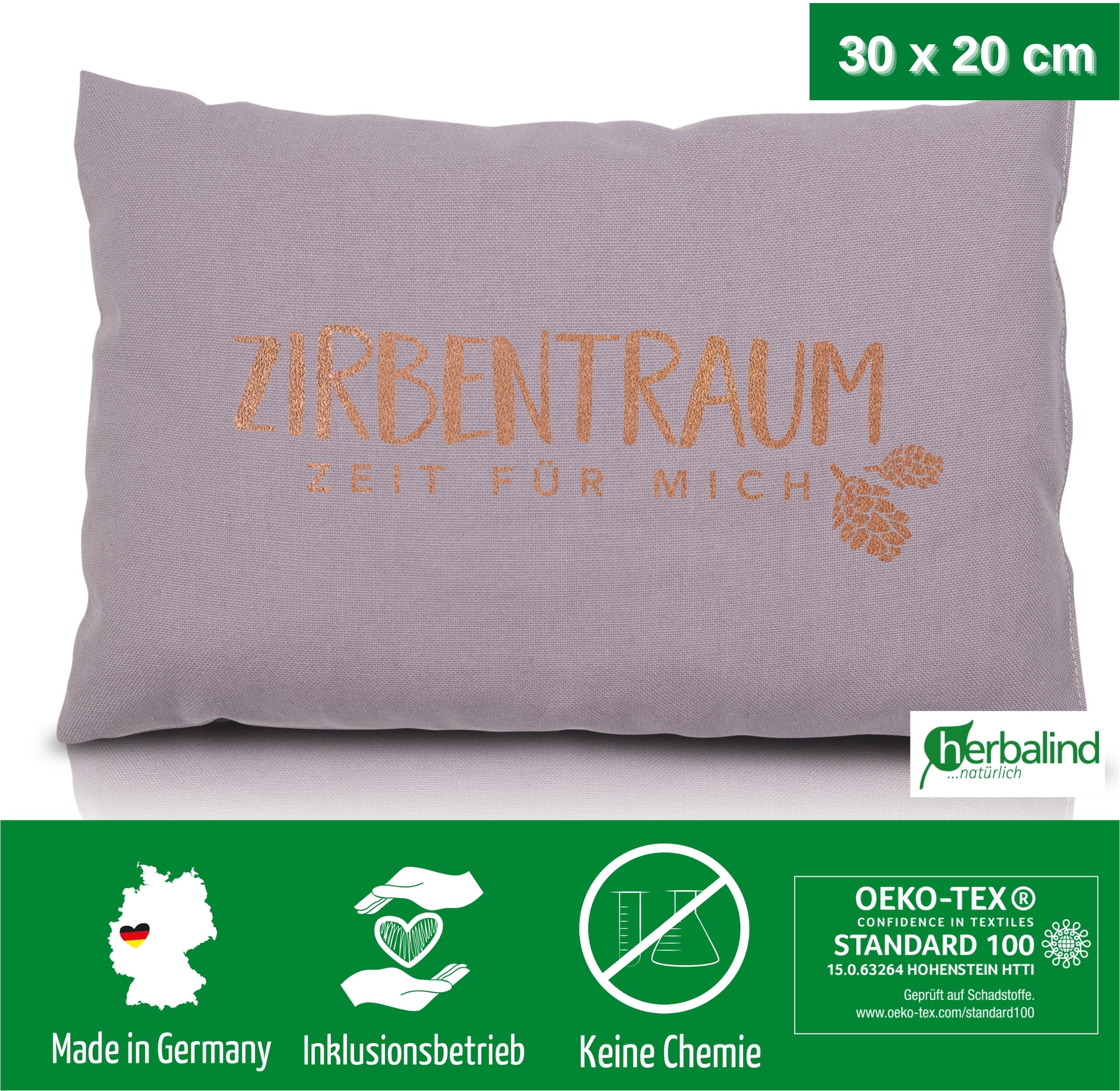 herbalind Zirbenkissen »Zirbentraum in Anthrazit/Roségoldfarben 30x20 mit Reissverschluss - Gefüllt«, (1 tlg.), mit hochwertigen Zirbenholzflocken 100% Baumwolle - Made in Germany