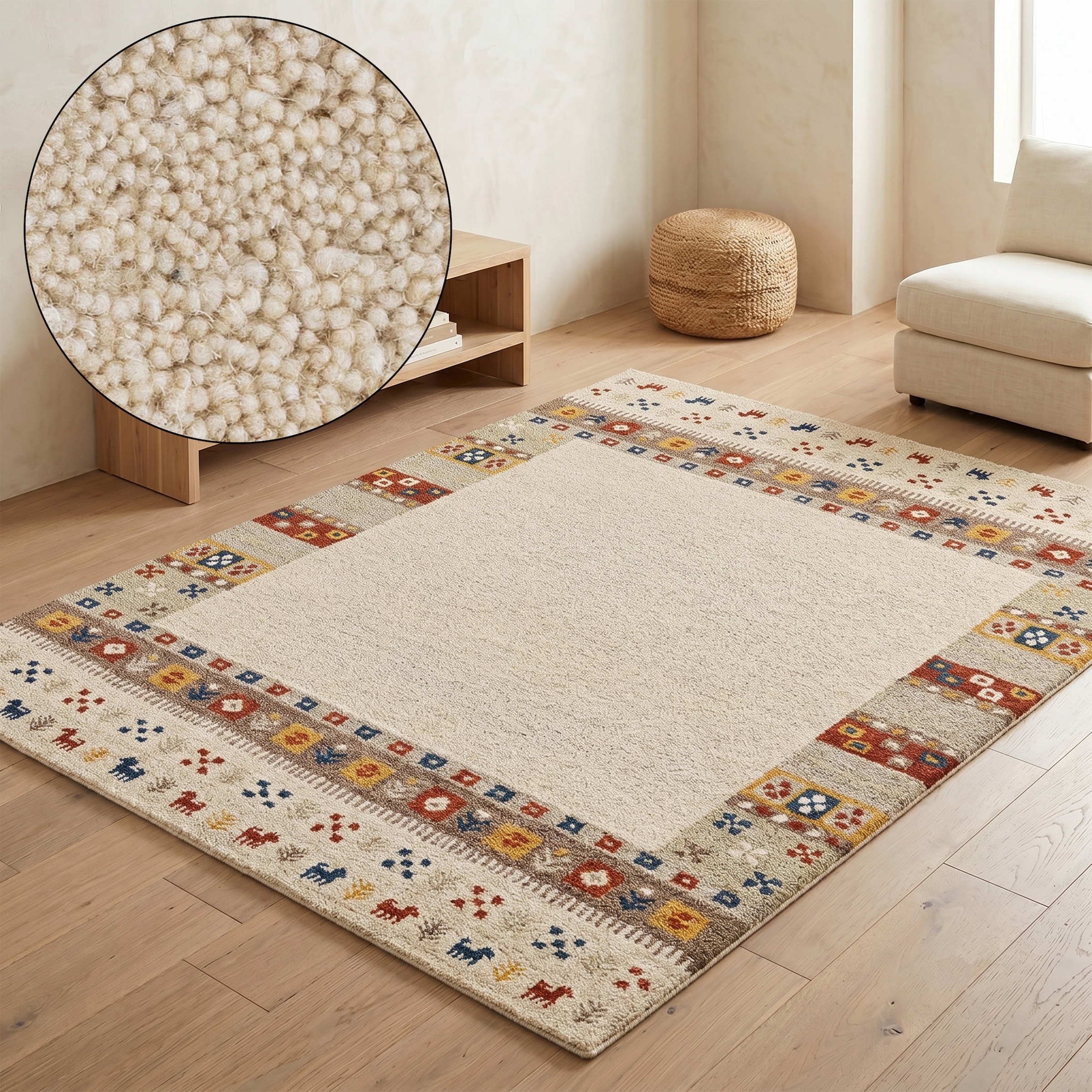 Image of THEKO Wollteppich "Gabbeh Rahmen, reine Wolle, Handgefertigt, mit Bordüre" rechteckig 14 mm Höhe Tiermotiv, Wohnzimmer, Schlafzimmer, Esszimmer