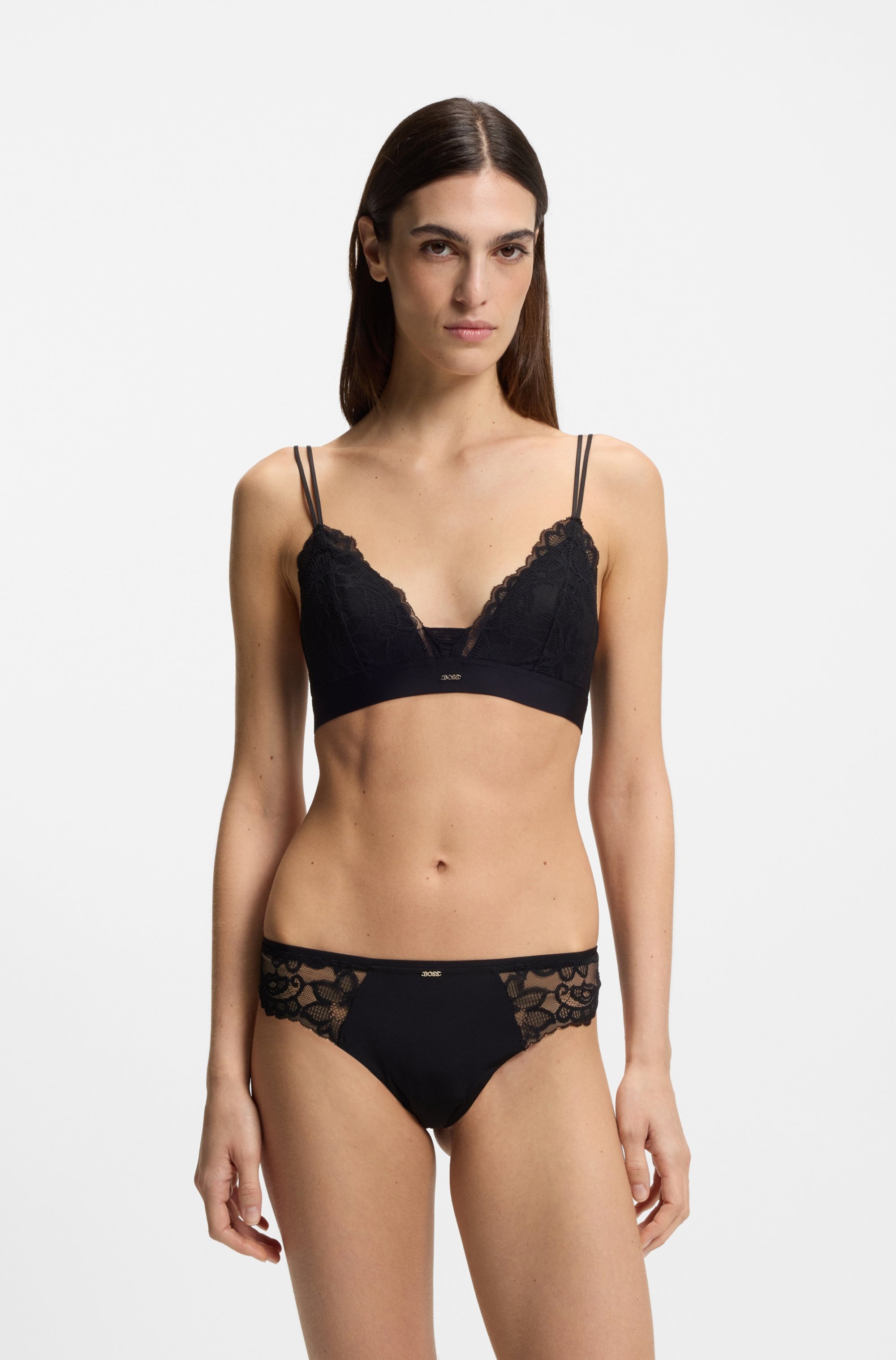 Image of BOSS Tanga "BLOSSOM" aus Spitze mit plissiertem Mesh und goldenem Anhänger