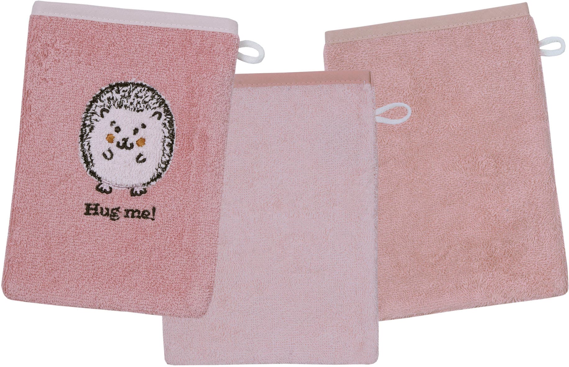 Image of Wörner Waschhandschuh "Igel rosa Waschhandschuh 3er Set" 1x mit süsser Igelstickerei, 2x unifarben