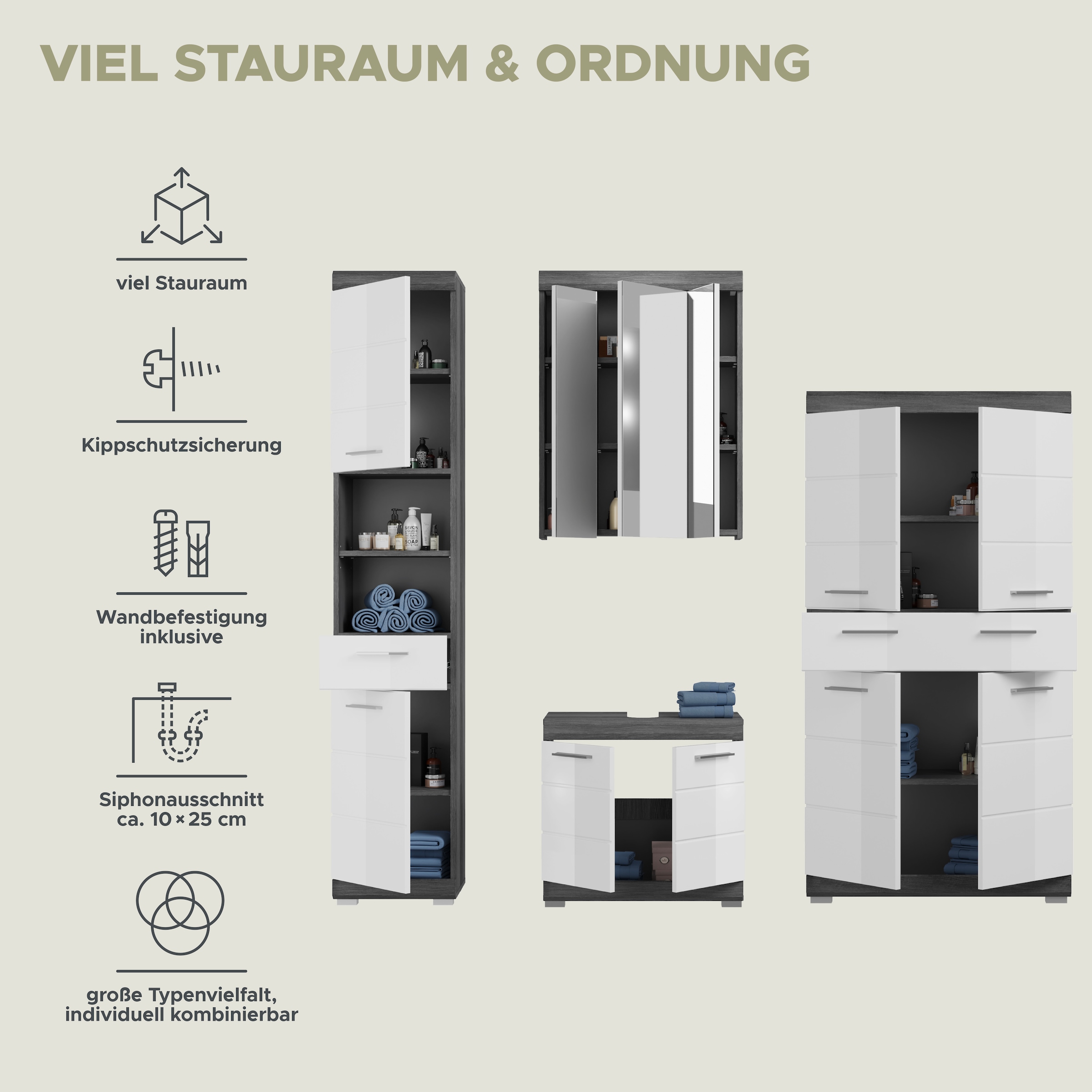 INOSIGN Badmöbel-Set »Siena, 4 teilig, bestehend aus:«, (Set, 4 St.), Hochschrank, Waschbeckenunterschrank, Spiegelschrank, Midischrank