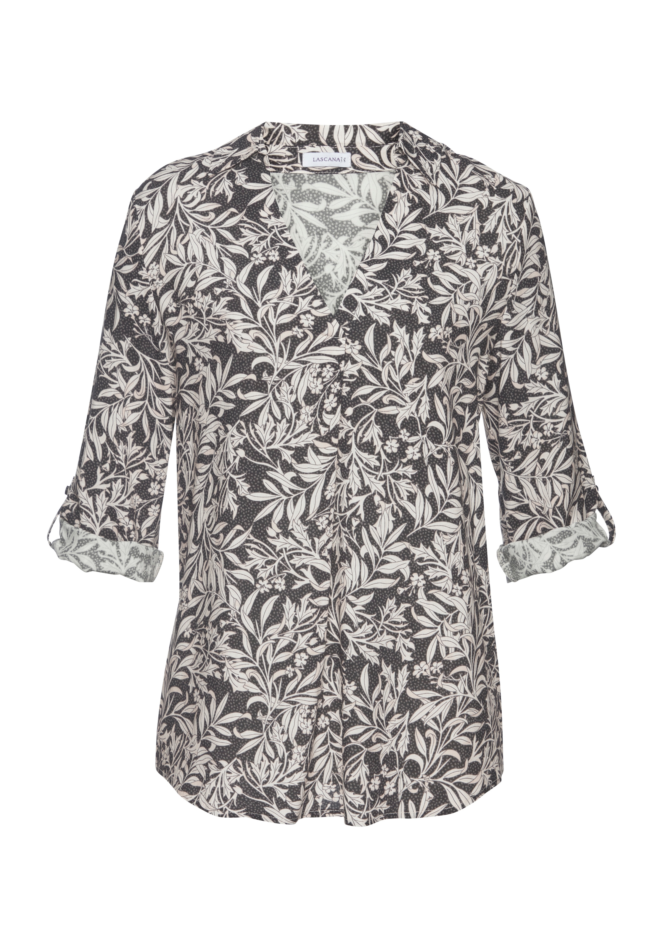 LASCANA Schlupfbluse »mit Blätterdruck und tiefem V-Ausschnitt aus weich fliessender Viskose« Bluse mit 3/4-Ärmeln, elegante Damenbluse, Bluse mit V-Ausschnitt